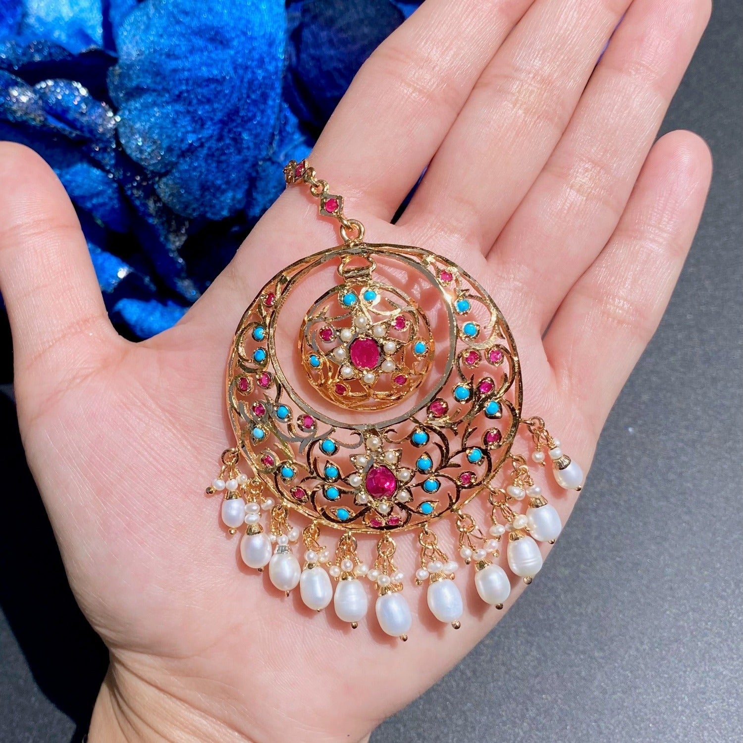 feroza maang teeka with pearl and turquoise