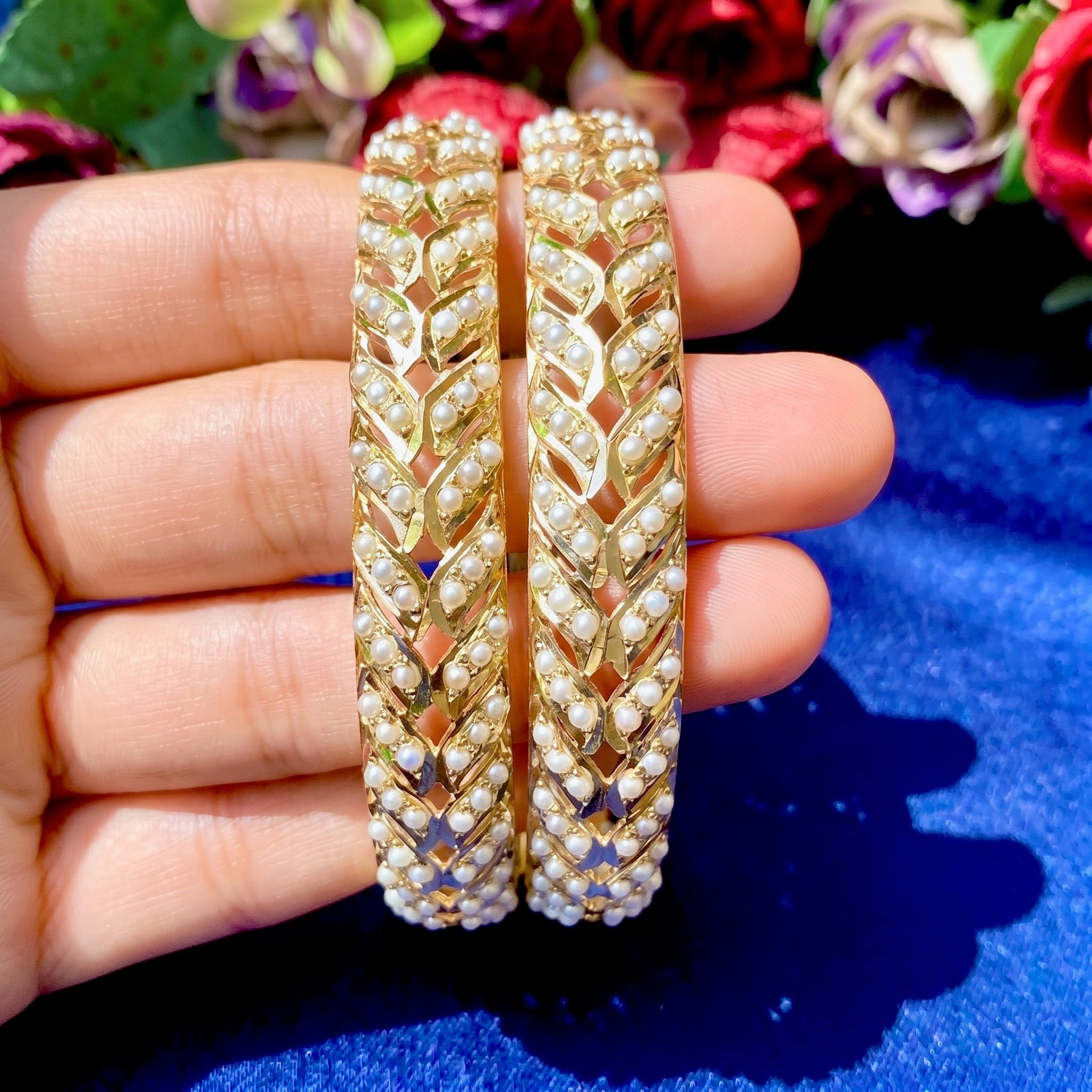 pearl bangles in gold plated silver