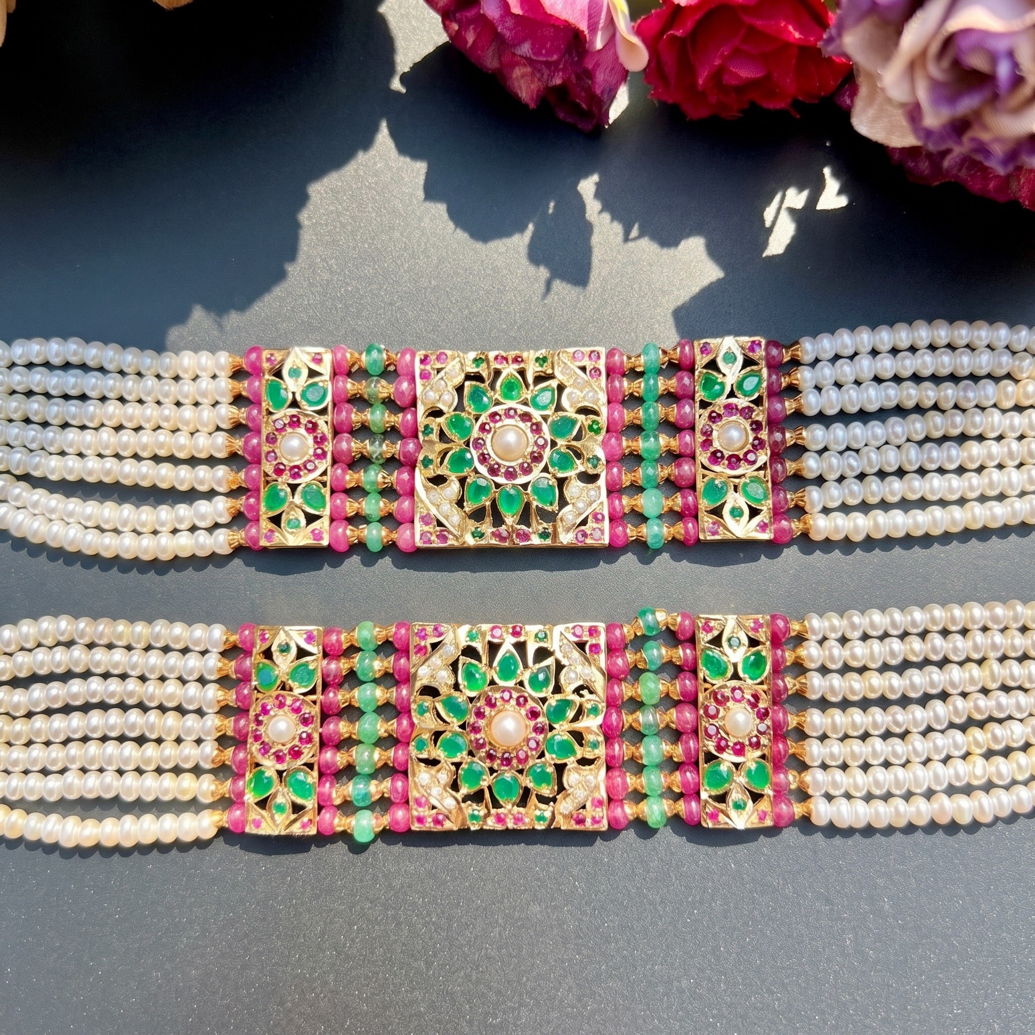 multicolored jadau dasti in gold plated silver