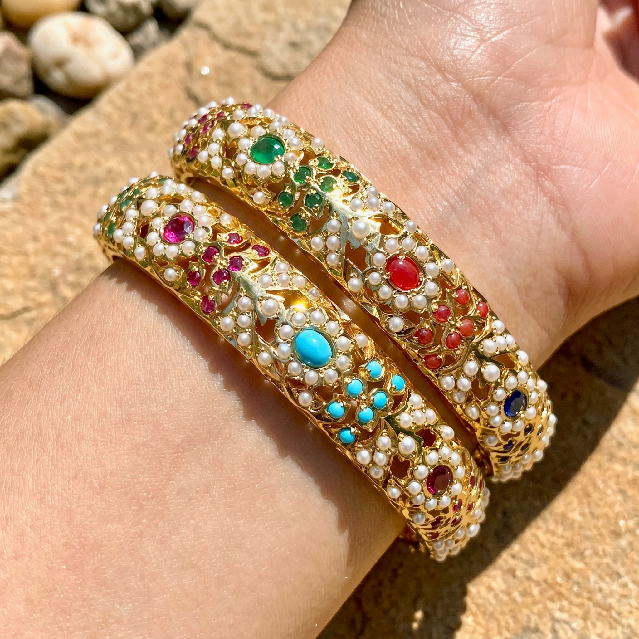 Navratna Jadau Bangles | Sterling Silver with Gold Plating BG 056
