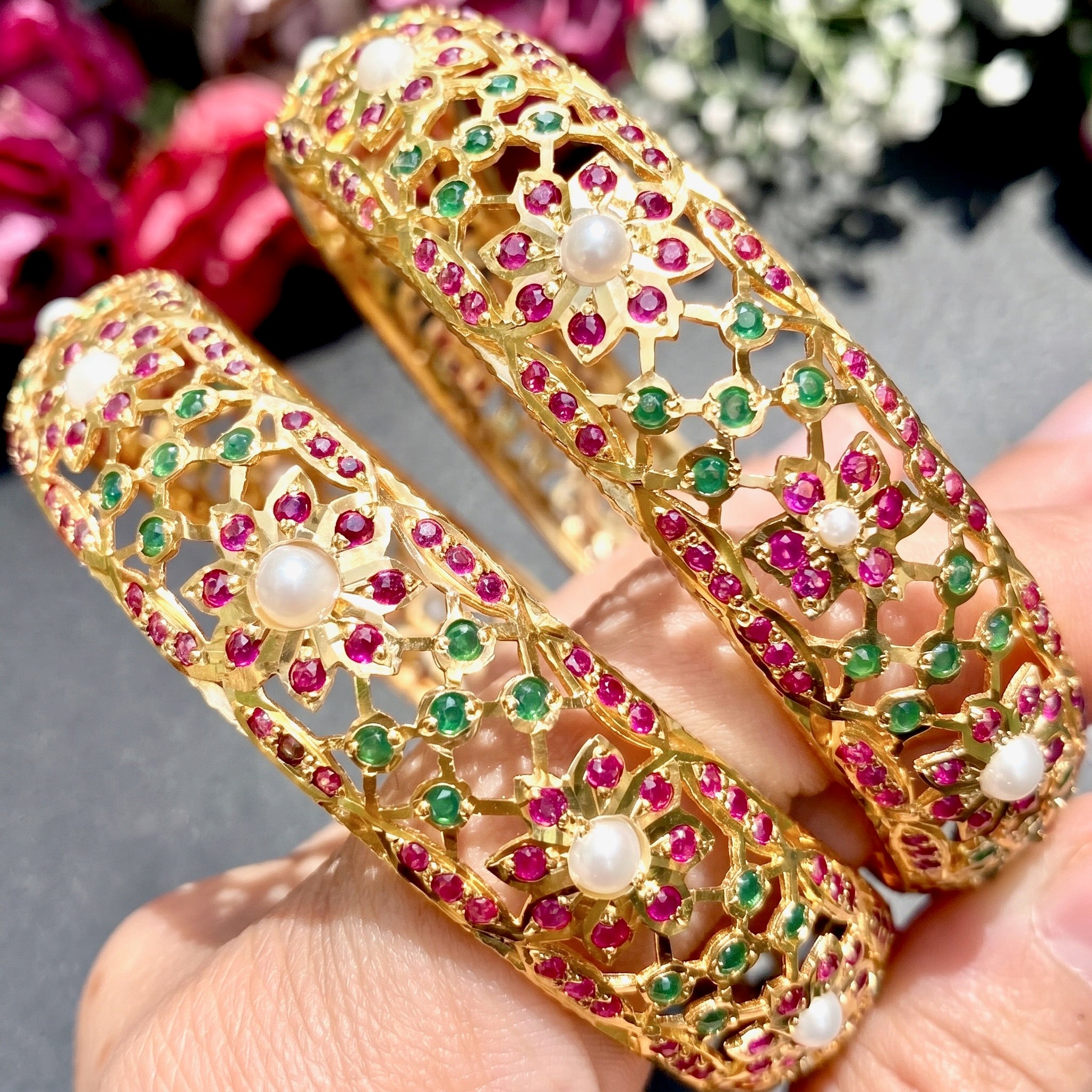 Gold Plated Bangles | Floral Design | Jadau Bangles BG 057