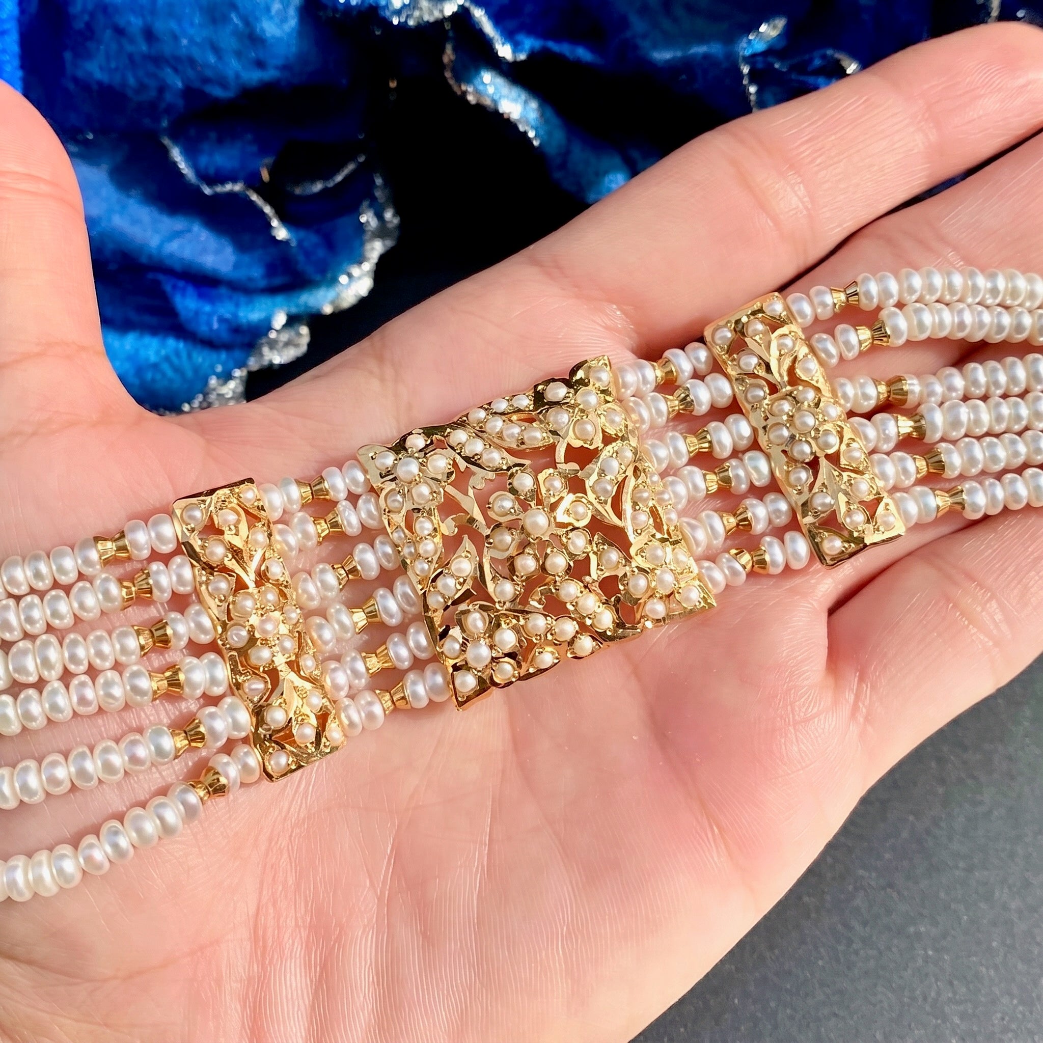 Traditional Hyderabadi Pearl Bracelet on 925 Silver with Gold Plating | Authentic Freshwater Pearls BG 138