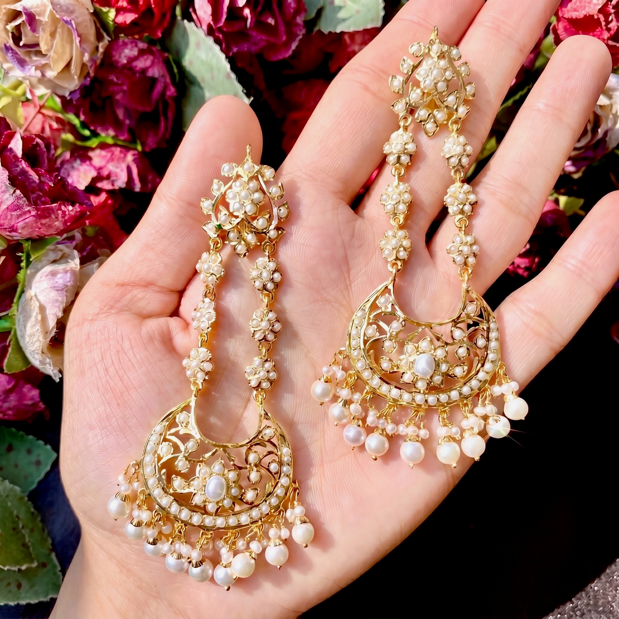 Long Pearl Chandbalis | Freshwater Pearl Earrings | Gold Plated Silver ER 111