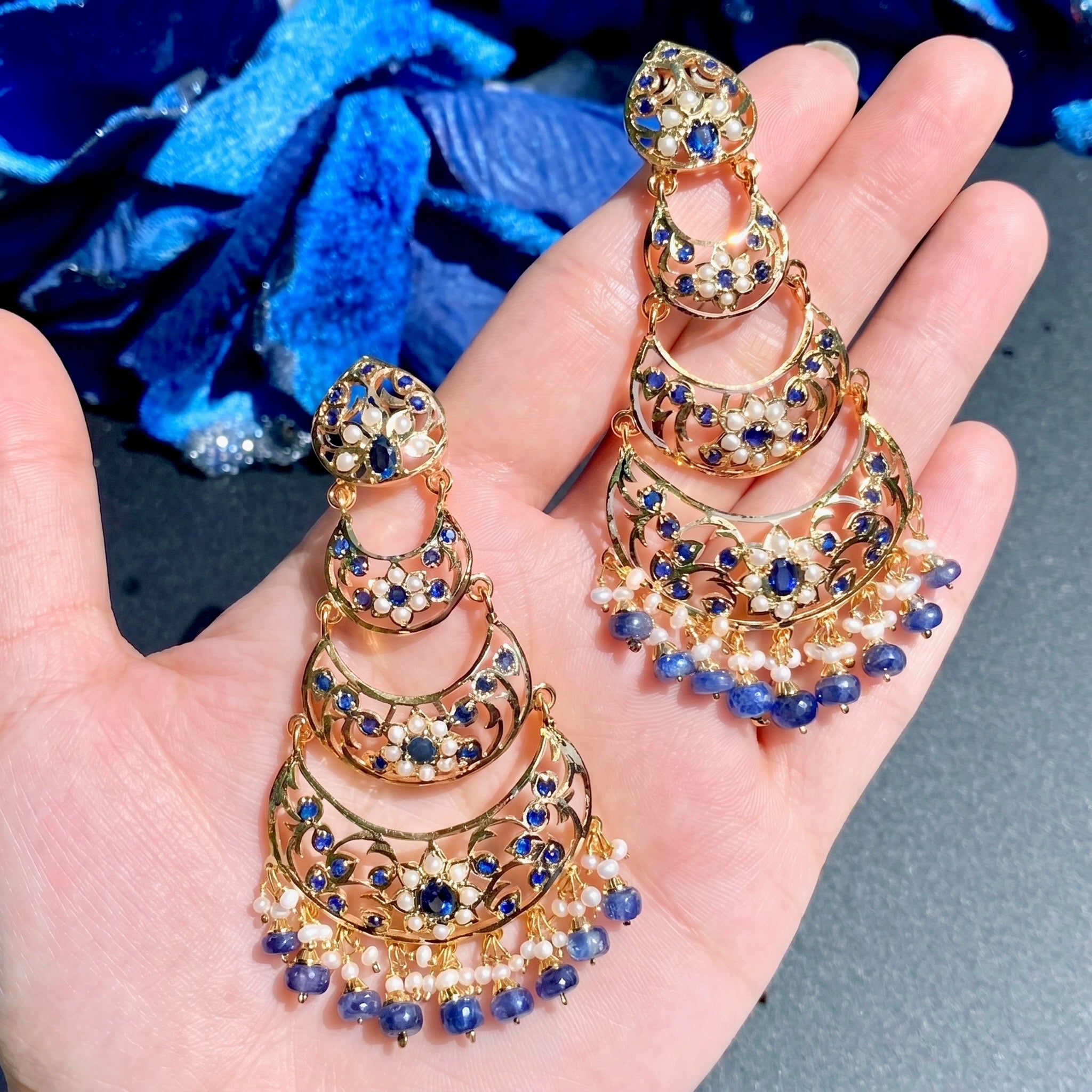 Pearl and Sapphire 3 Step Danglers | Gold Plated on Silver ER 442
