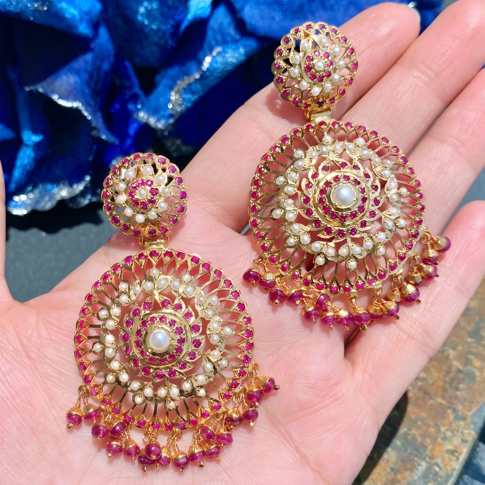 Finely Crafted Jadau Earrings | Gold Plated on Silver | Round Danglers ER 568