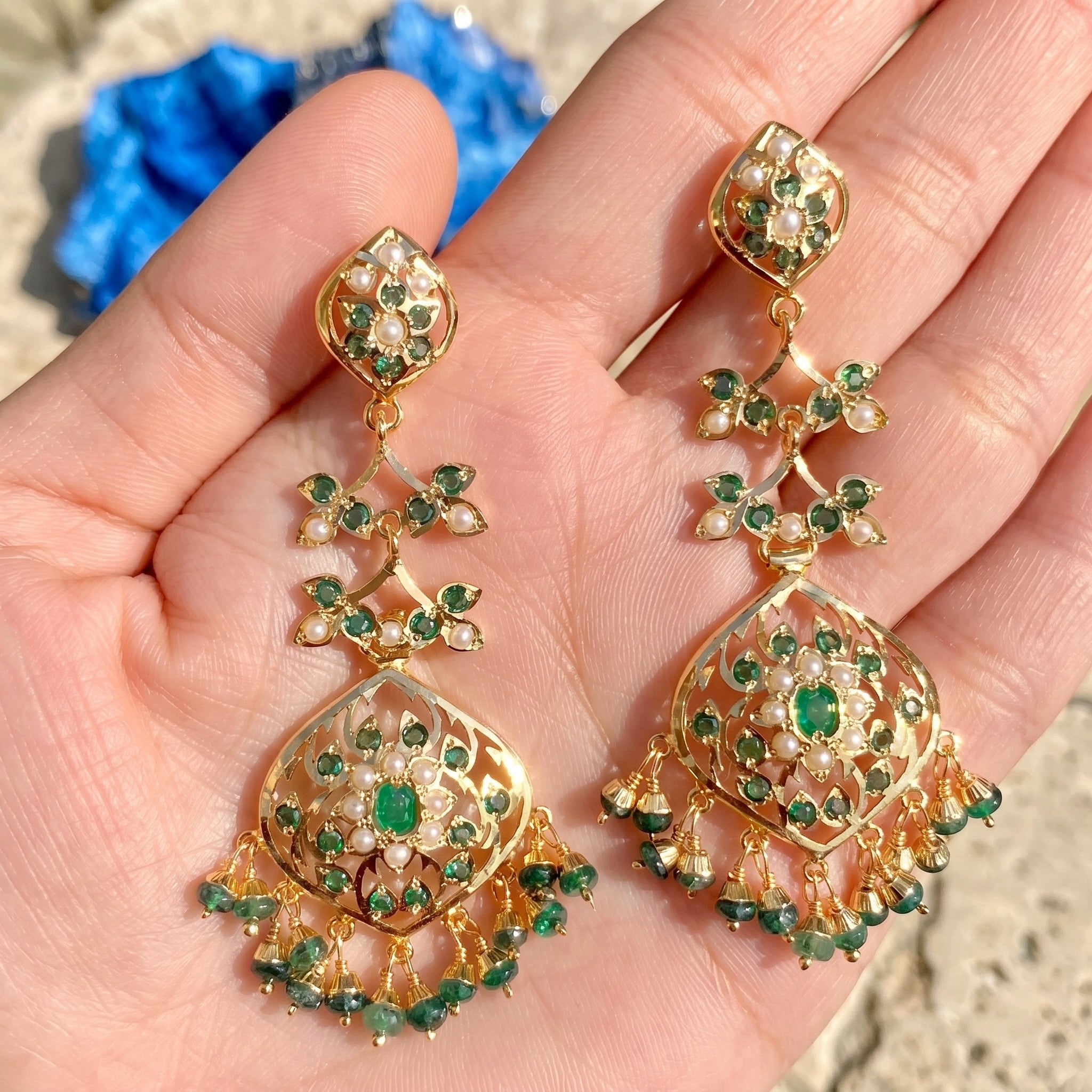 Emerald Green Danglers For Women | Fine Jadau Jewelry on 925 Silver ER 665