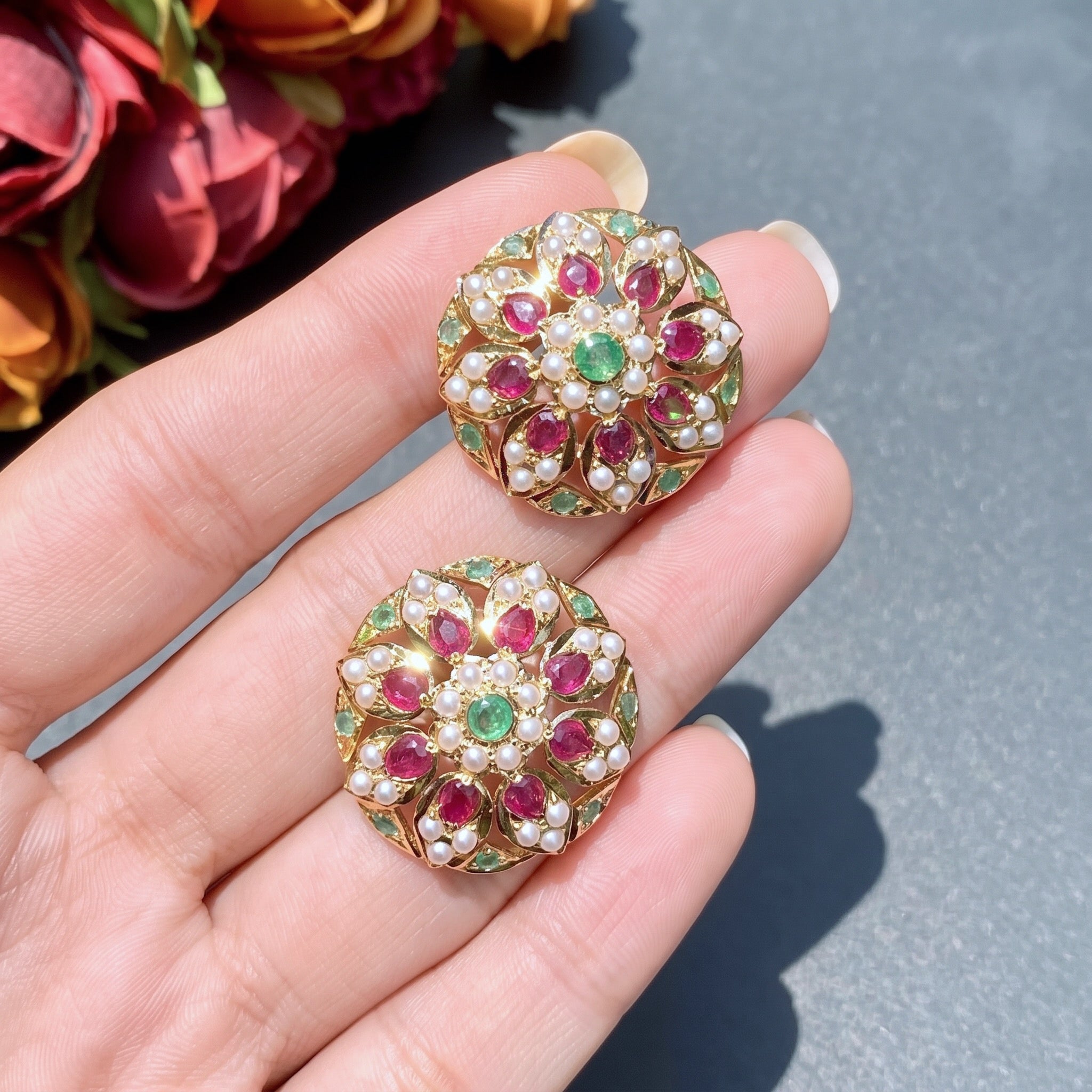 multicoloured studs in 22k gold