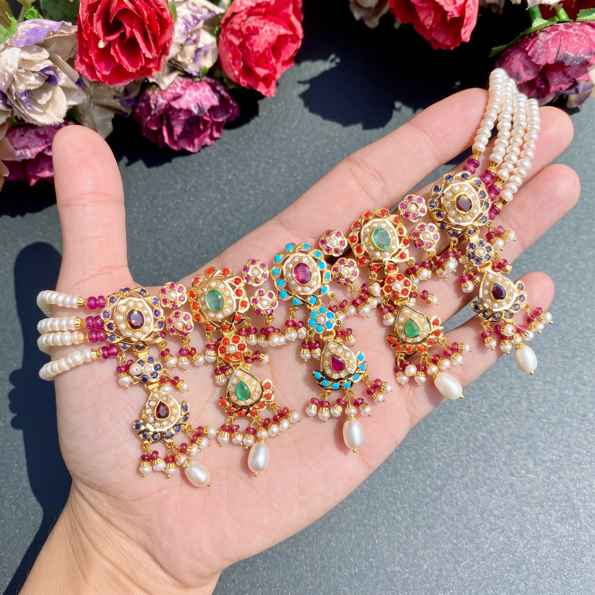 mughal design navrattan choker set gold