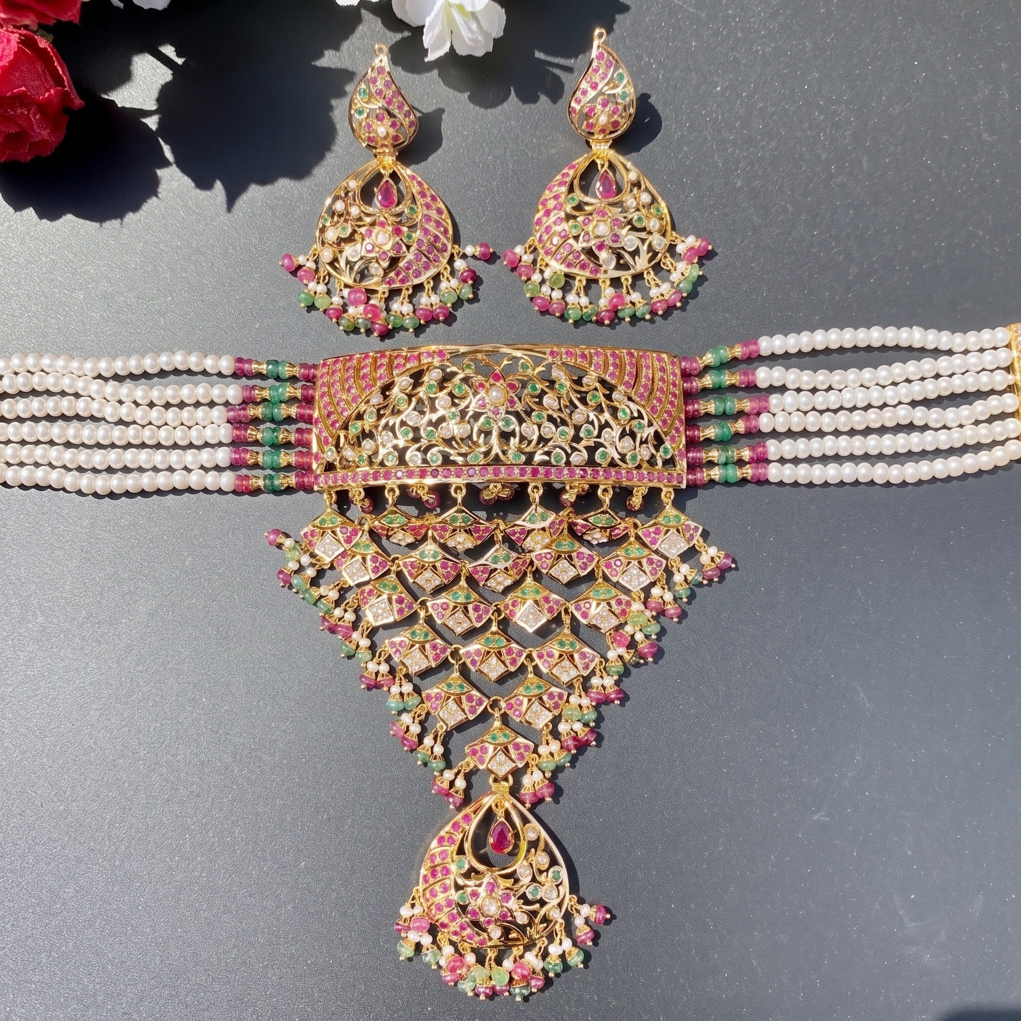 rajasthani bridal necklace choker with ruby emerald and pearls