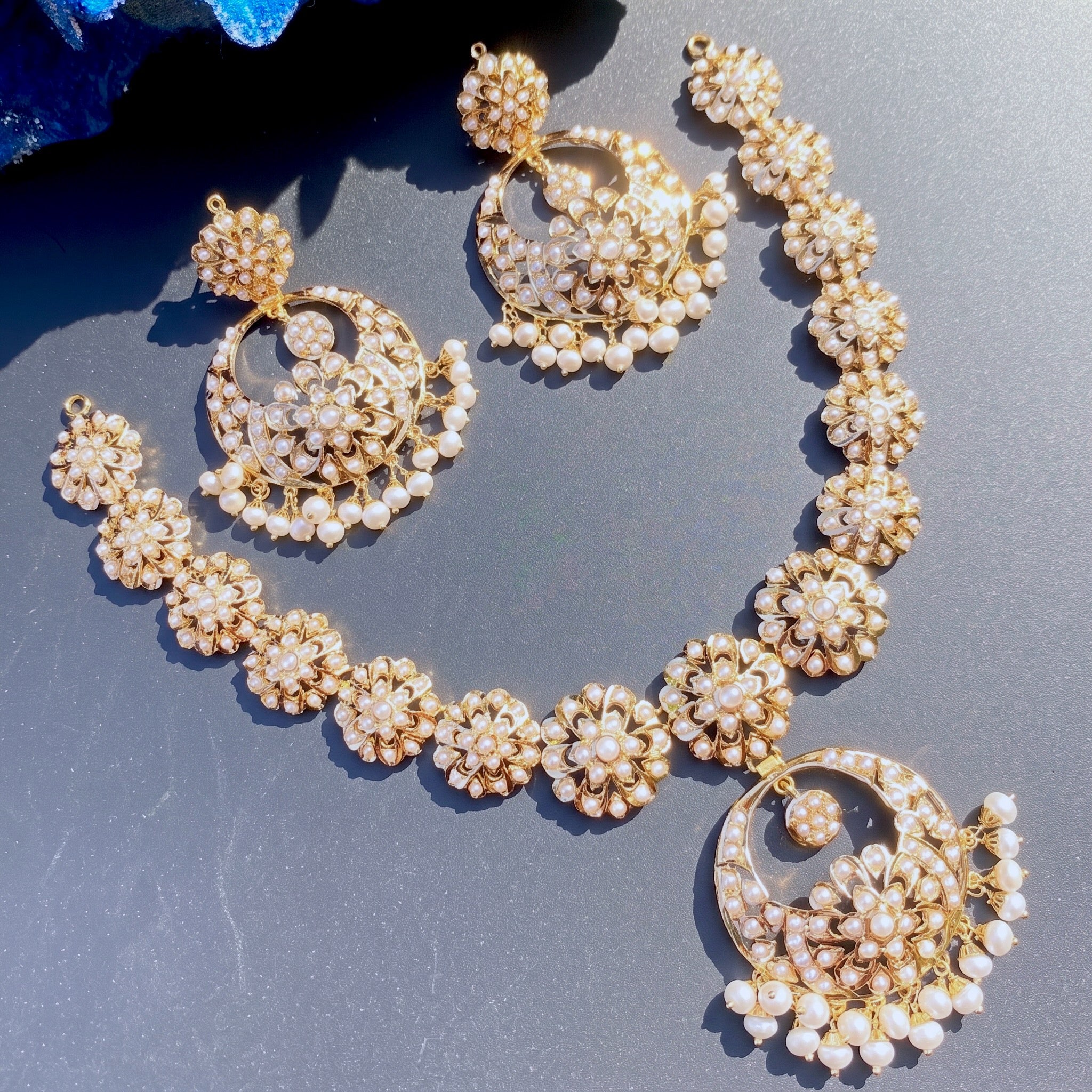 Floral Pearl Necklace Set | With Chandbali Earrings | 22K Gold Jewelry GNS 136