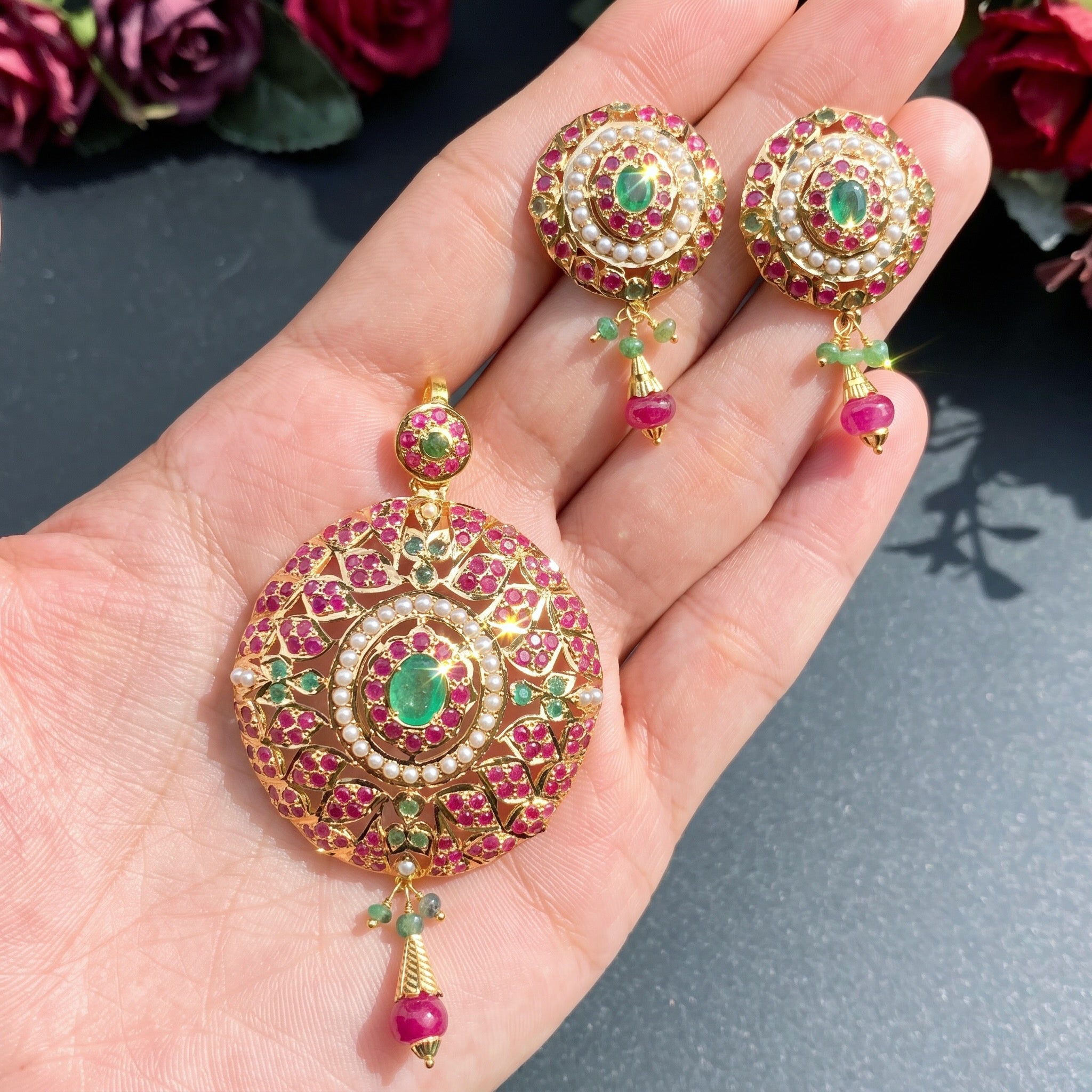 ruby emerald pearl pendant set below 20gms