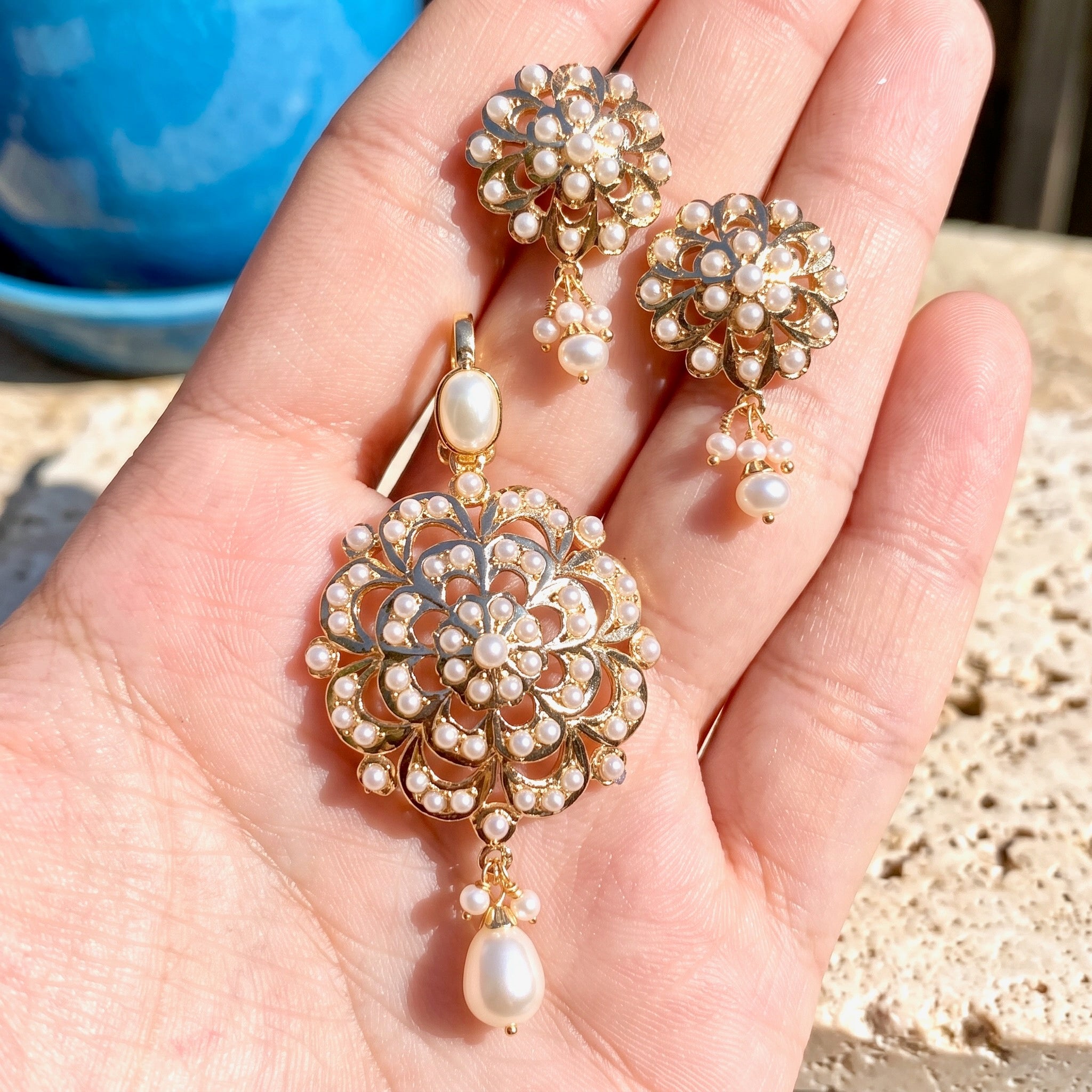Light Weight Pearl Pendant Set | 22k Hallmarked Gold | Light Weight Jewelry Gift For Her