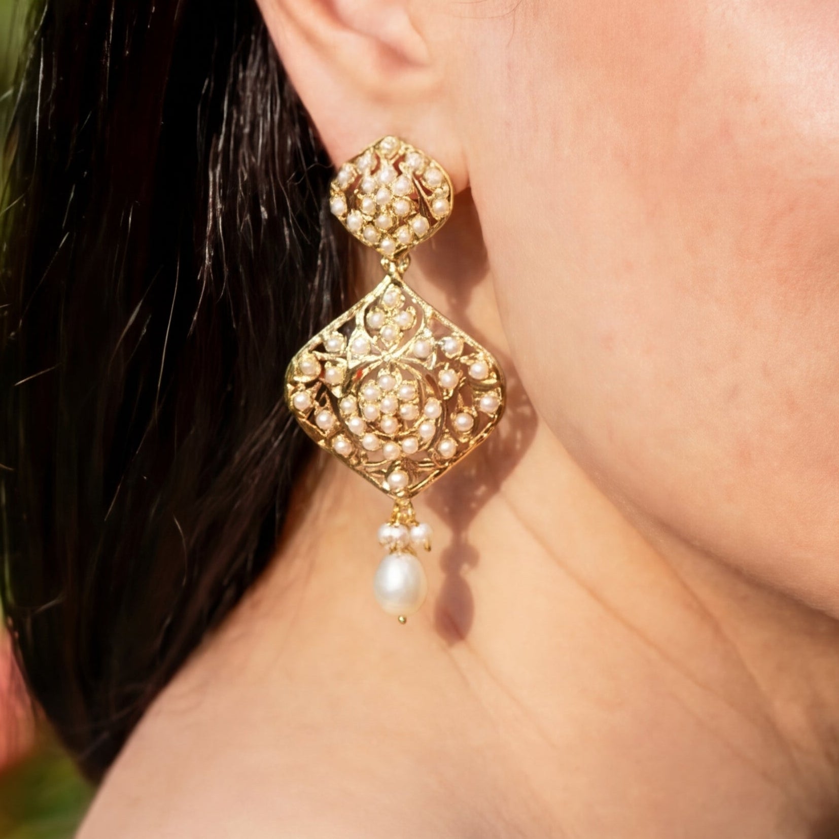 Pearl Lace Drop Jadau Earrings | Gold Plated Silver ER 727