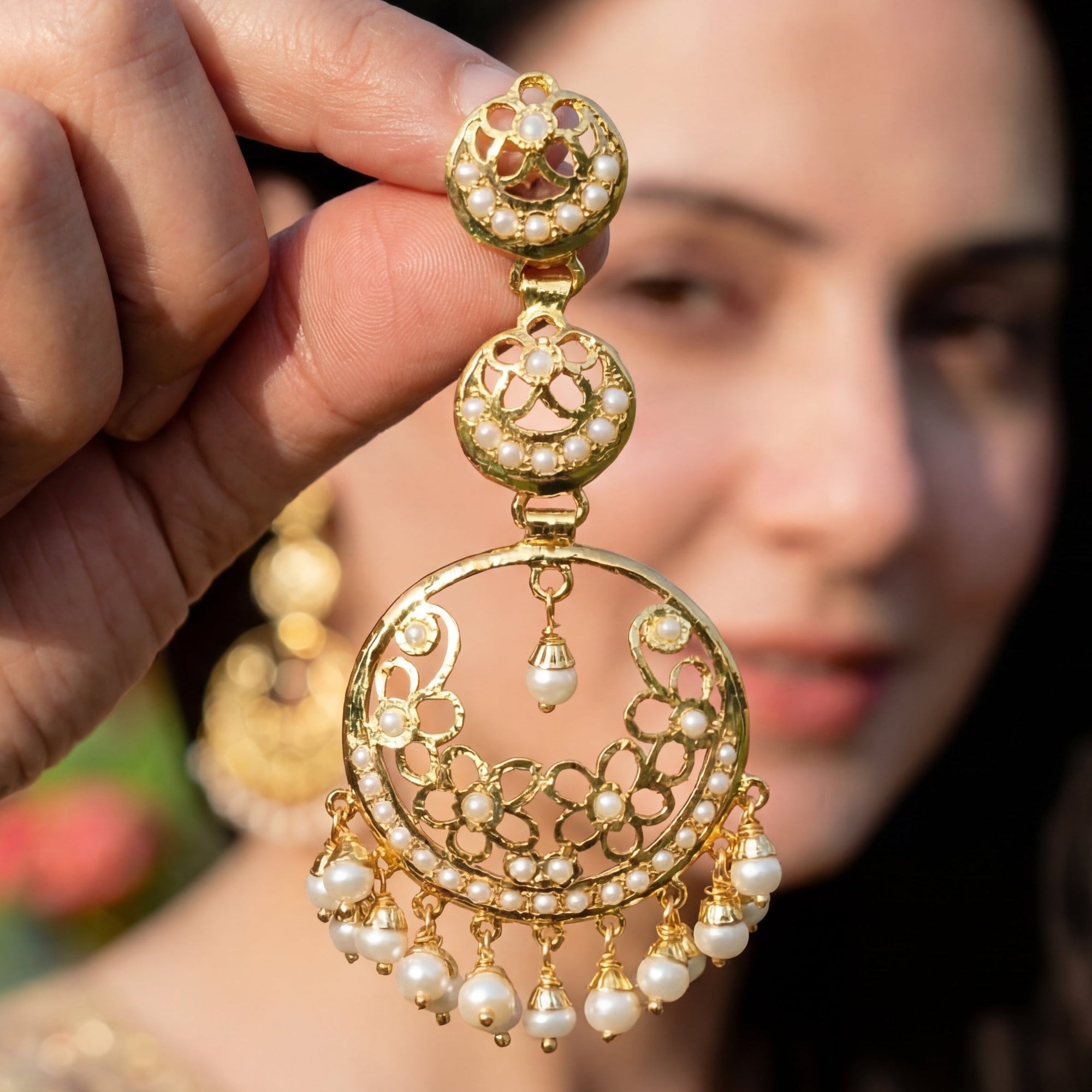 Multi-tiered Pearl Chandbali Earrings | Premium Gold Plated Silver Jewelry Online ER 663