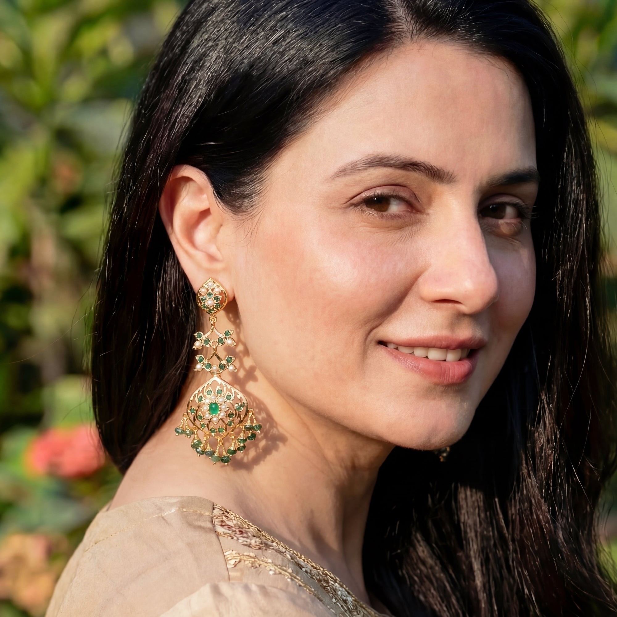 Emerald Green Danglers For Women | Fine Jadau Jewelry on 925 Silver ER 665