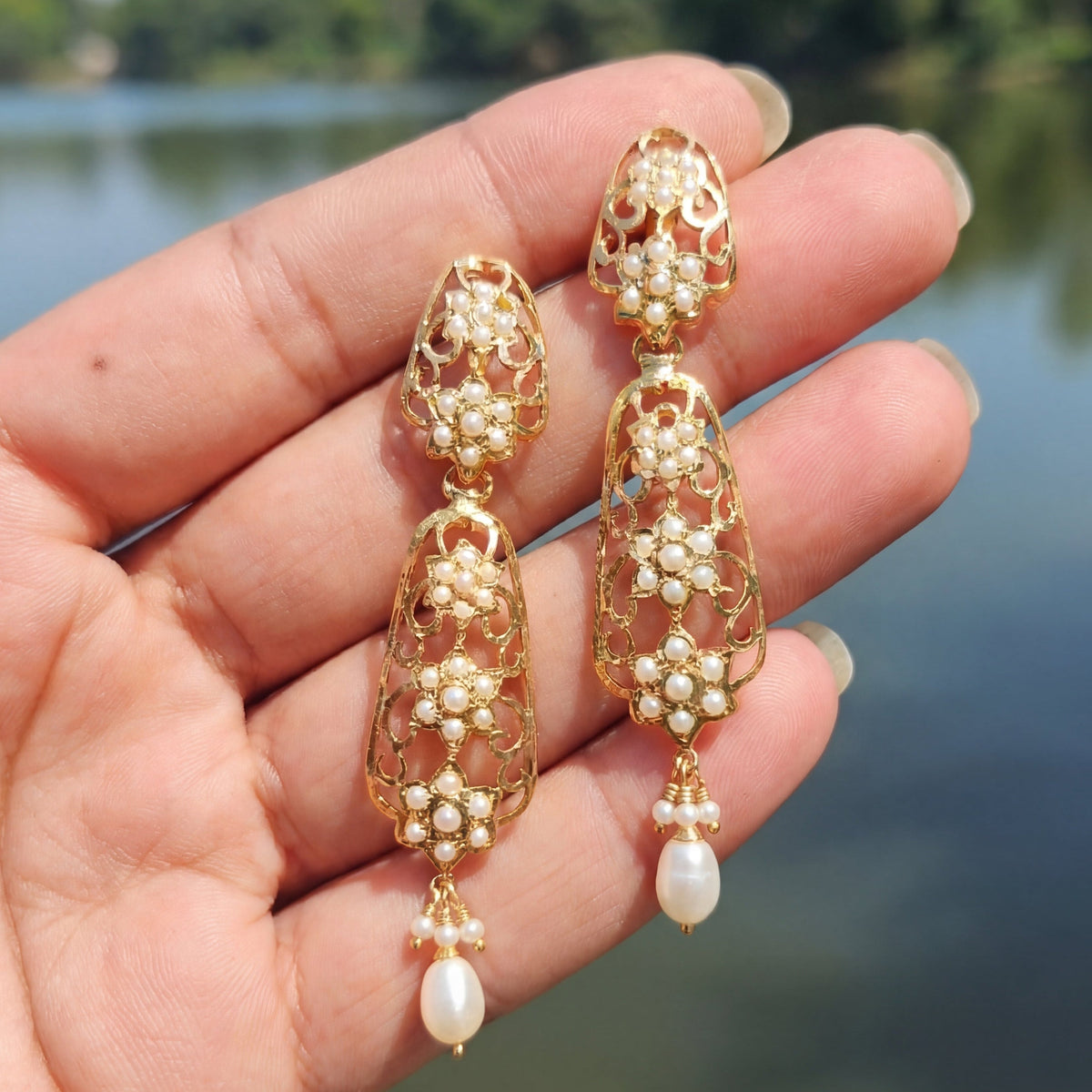 Indo Western Pearl Earrings | Gold Plated on Sterling Silver | Real Fr