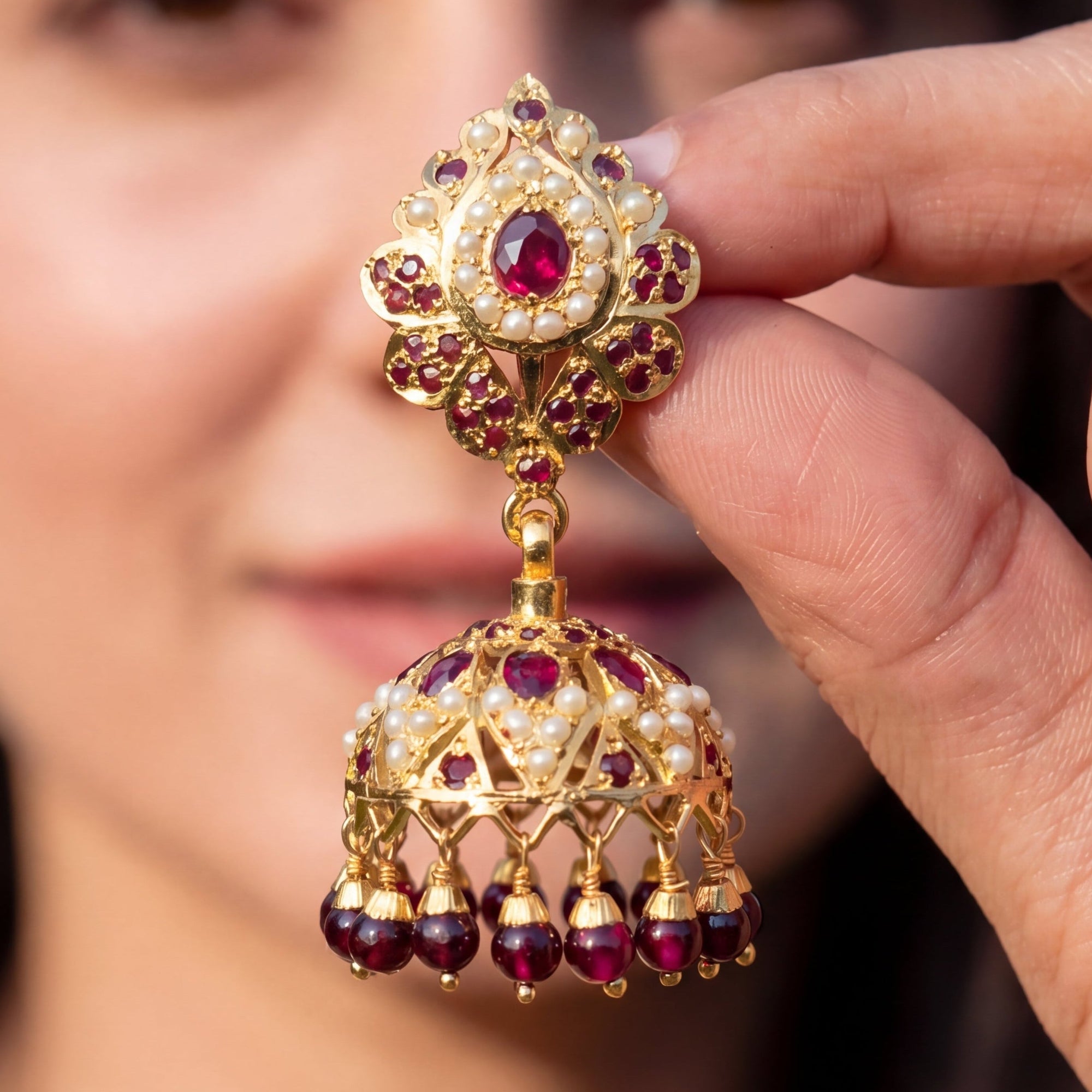 Pearl & Garnet Jhumka Earrings | Gold Plated Luxury Jadau on Silver Base ER 677