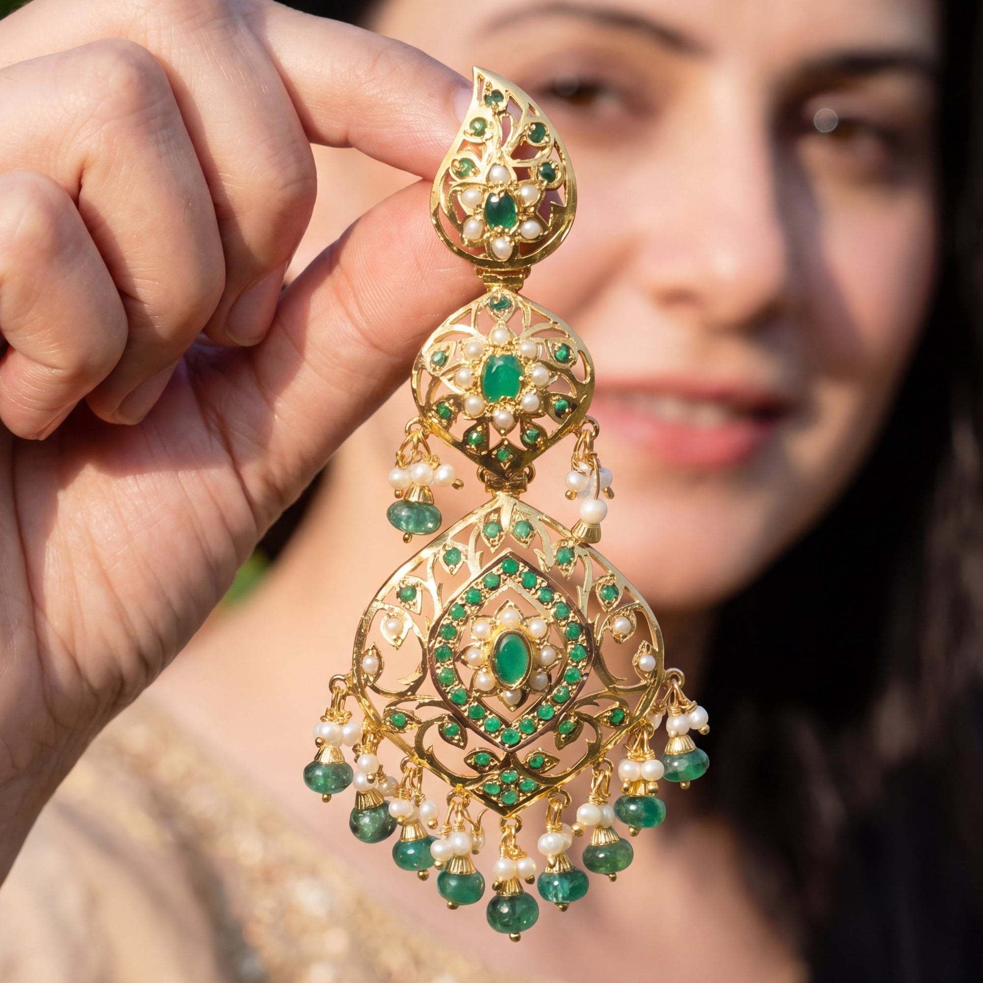 Emerald Green Dangler Earrings for Women | Gold Plated on Sterling Silver ER 679