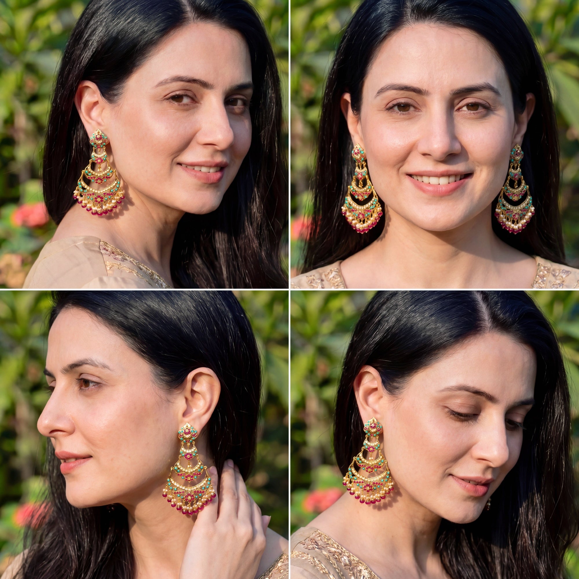 Ruby-Turquoise Pearl Three-Tier Chandbali Earrings | Gold Plated on 925 Silver ER 706