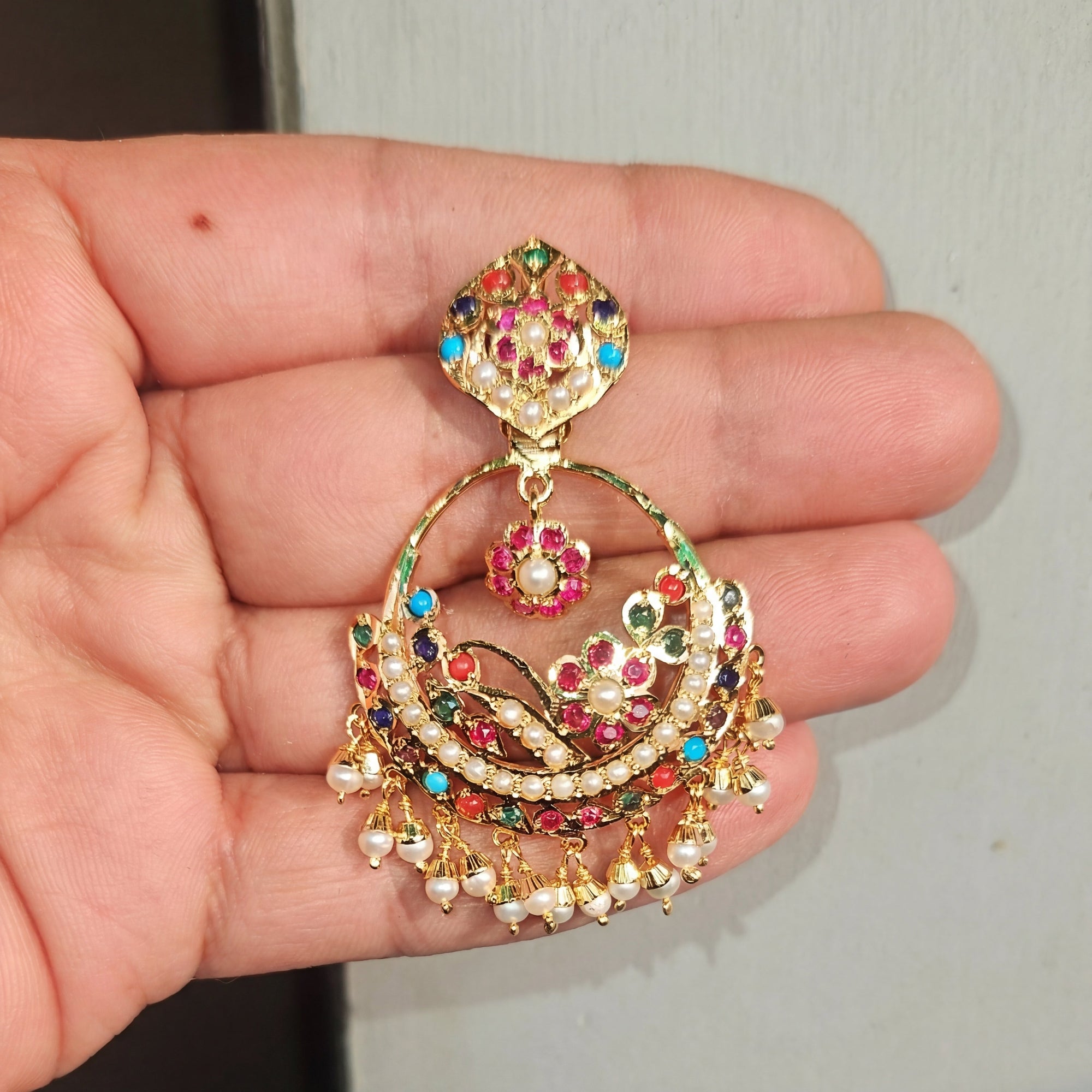 Cute Navratna Chandbali Earrings | Gold Plated on 925 Silver | ER 636