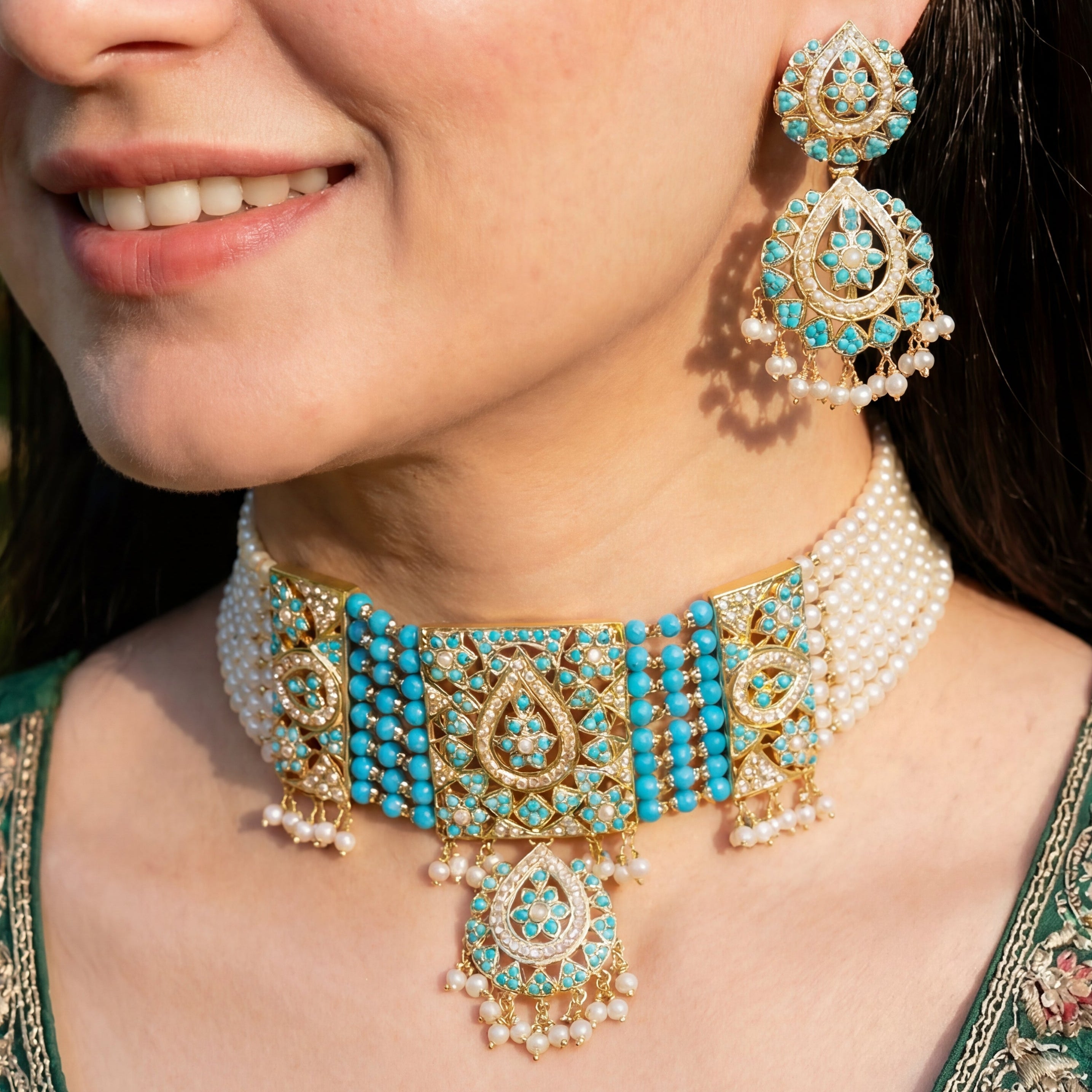 पर्ल फेरोजा जड़ाऊ सेट | चोकर नेकलेस सेट | चांदी पर सोना पॉलिश NS 074