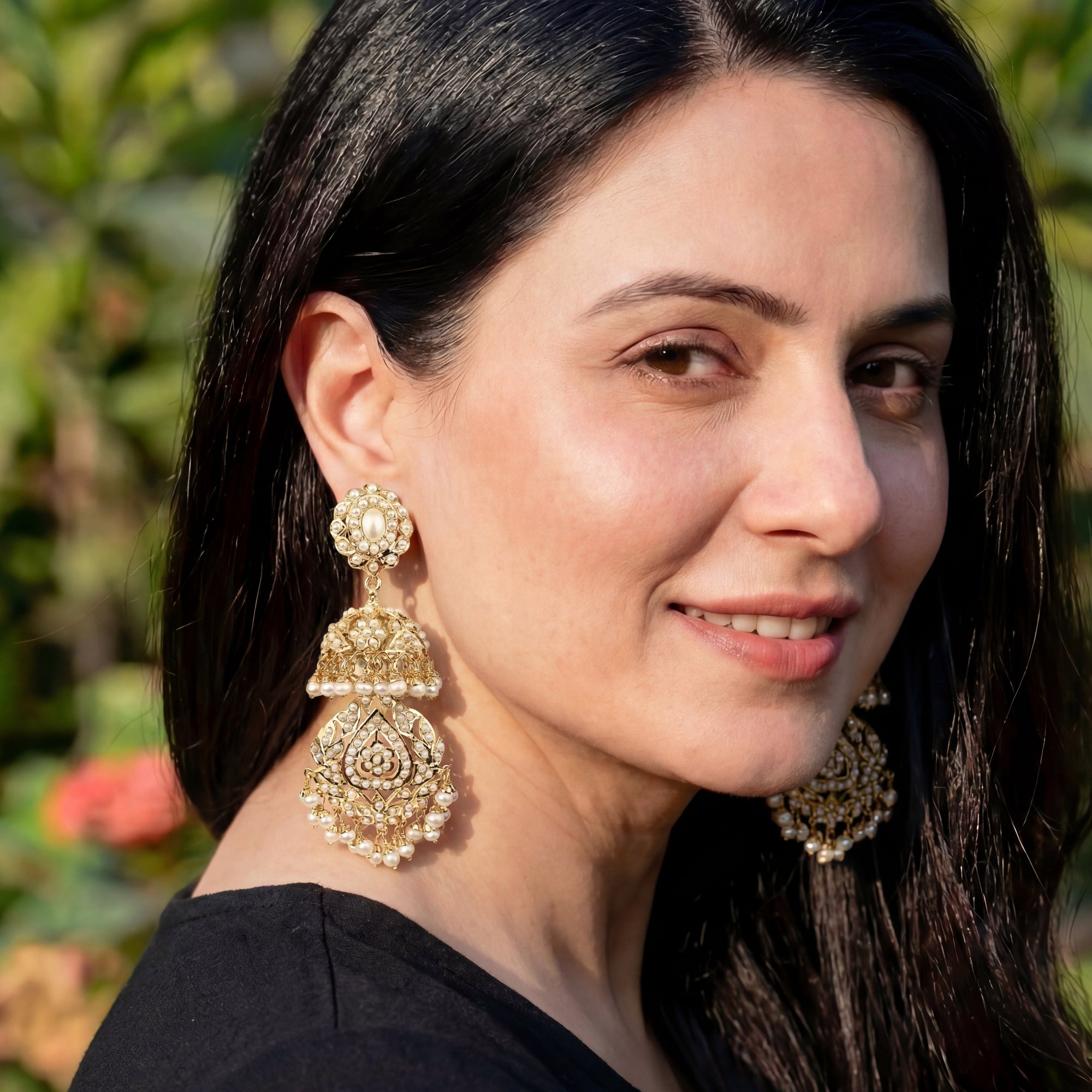 जड़ाऊ झुमका इयररिंग्स | ओरिजिनल मोती | गोल्ड प्लेटेड सिल्वर ER 035