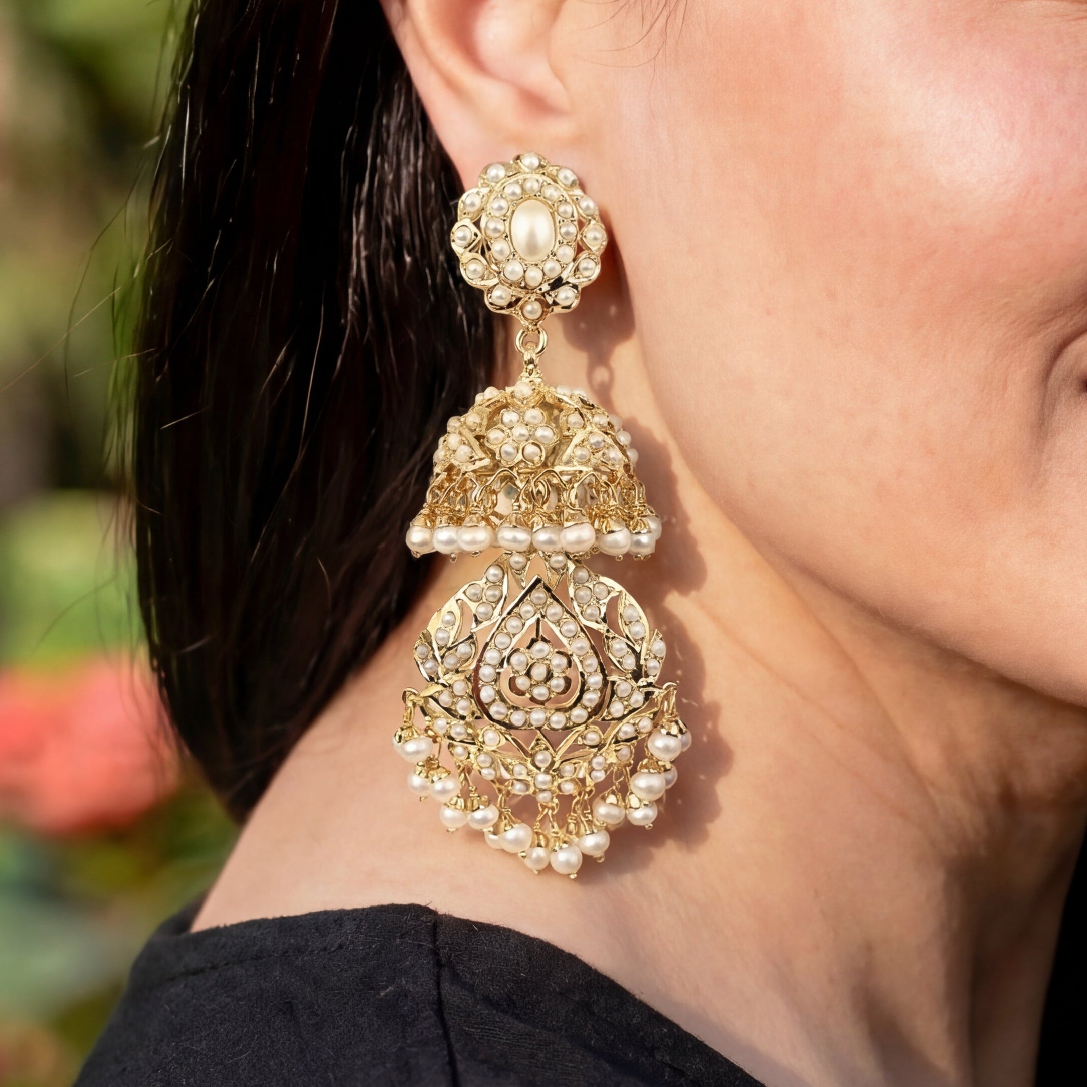 जड़ाऊ झुमका इयररिंग्स | ओरिजिनल मोती | गोल्ड प्लेटेड सिल्वर ER 035