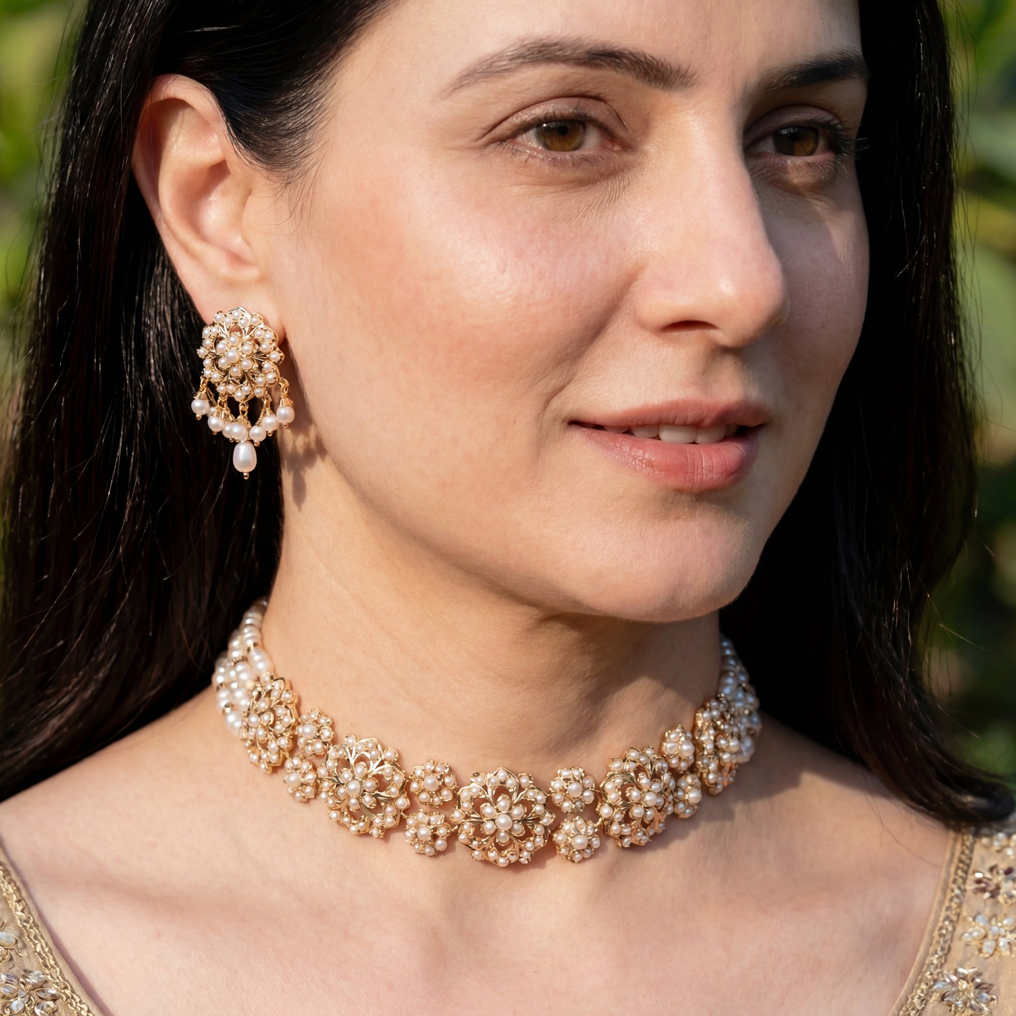 Simple Sophisticated Pearl Choker Set | Gold Plated on Silver | Freshwater Pearls NS 385