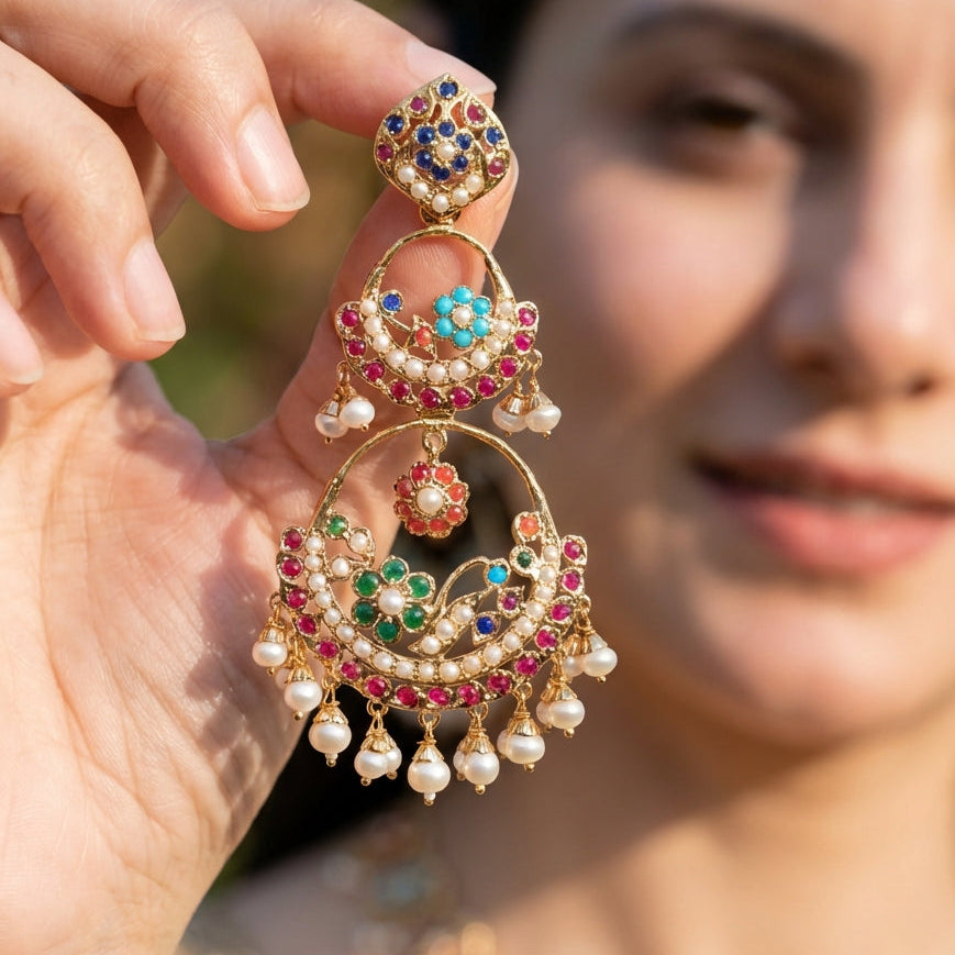 Double Chandbali Earrings in Navratna Colors | Gold Plated on Silver ER 637