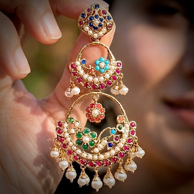 Double Chandbali Earrings in Navratna Colors | Gold Plated on Silver ER 637