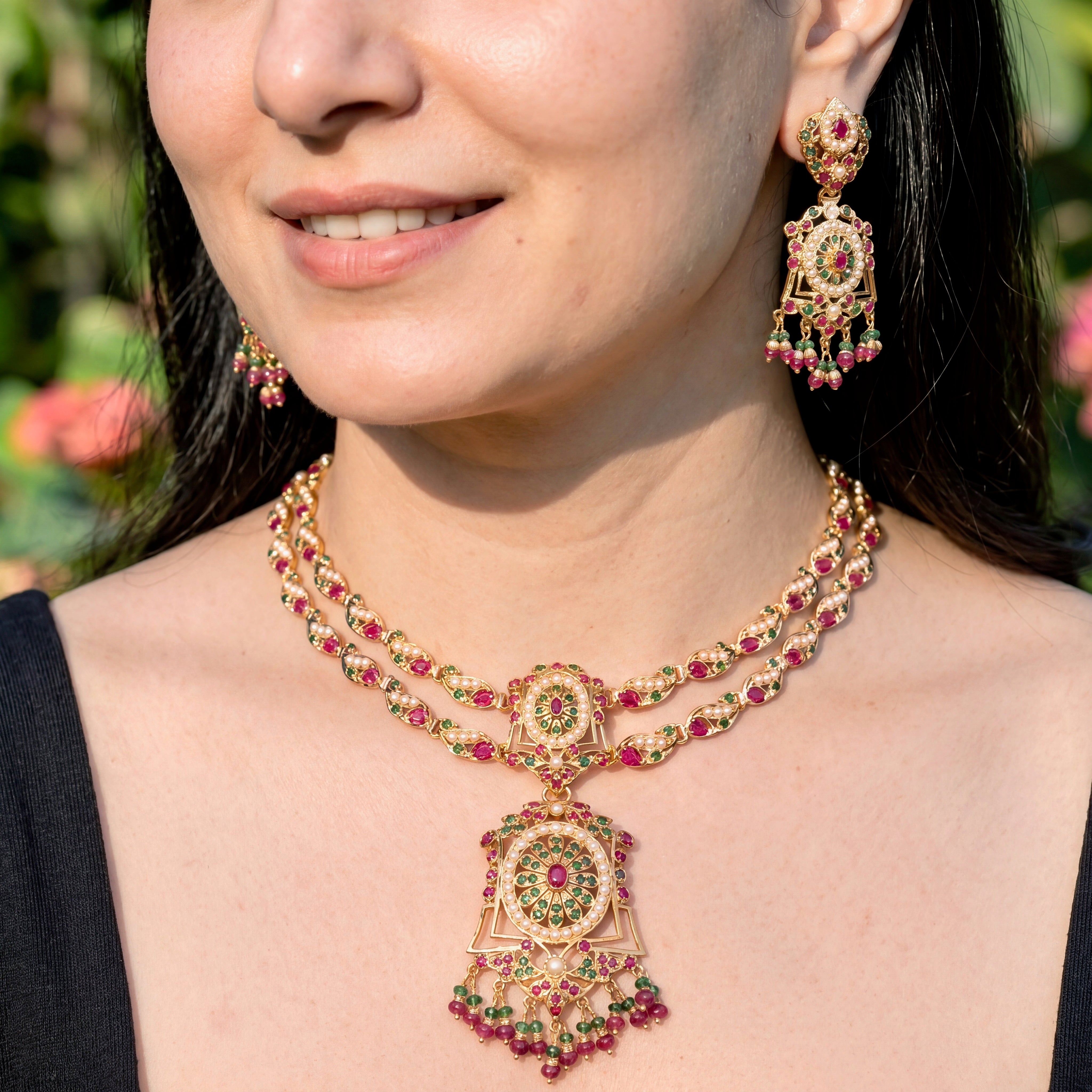 Ruby-Green Pearl Jadau Pendant Choker Set | Gold Plated Silver NS 449