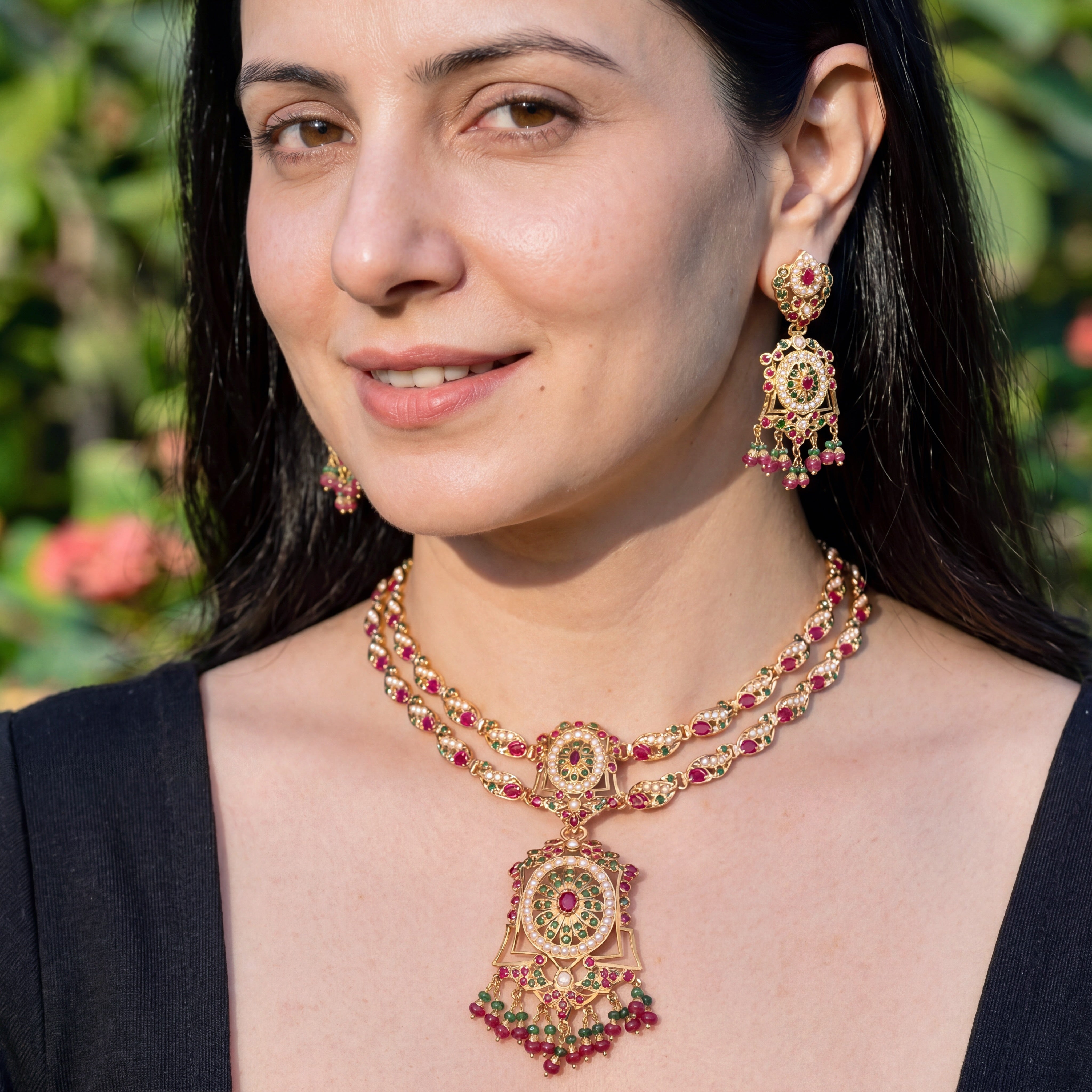 Ruby-Green Pearl Jadau Pendant Choker Set | Gold Plated Silver NS 449
