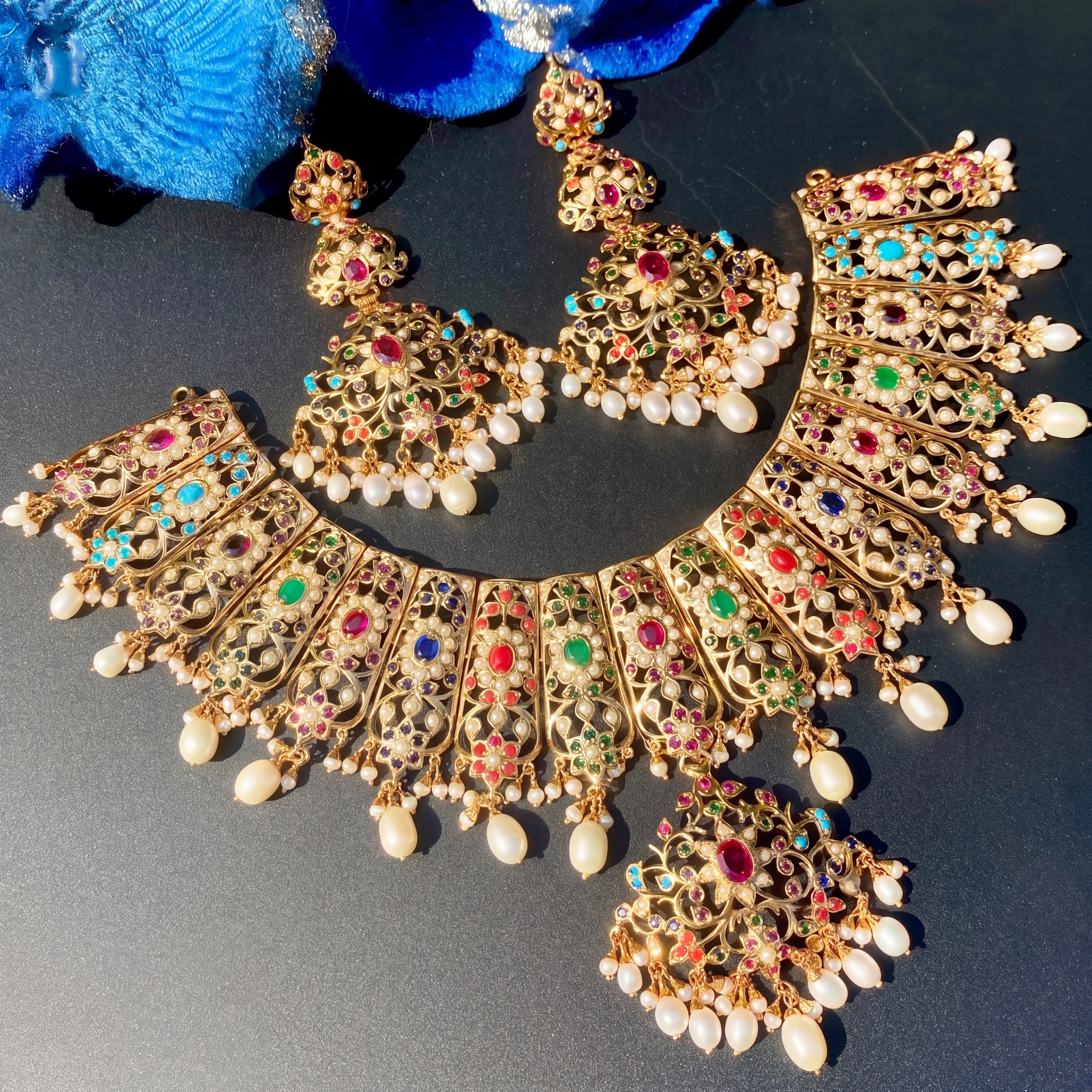 Bridal Wear Jadau Necklace Set | Navratna Jewelry Gold Plated on 925 Silver NS 450