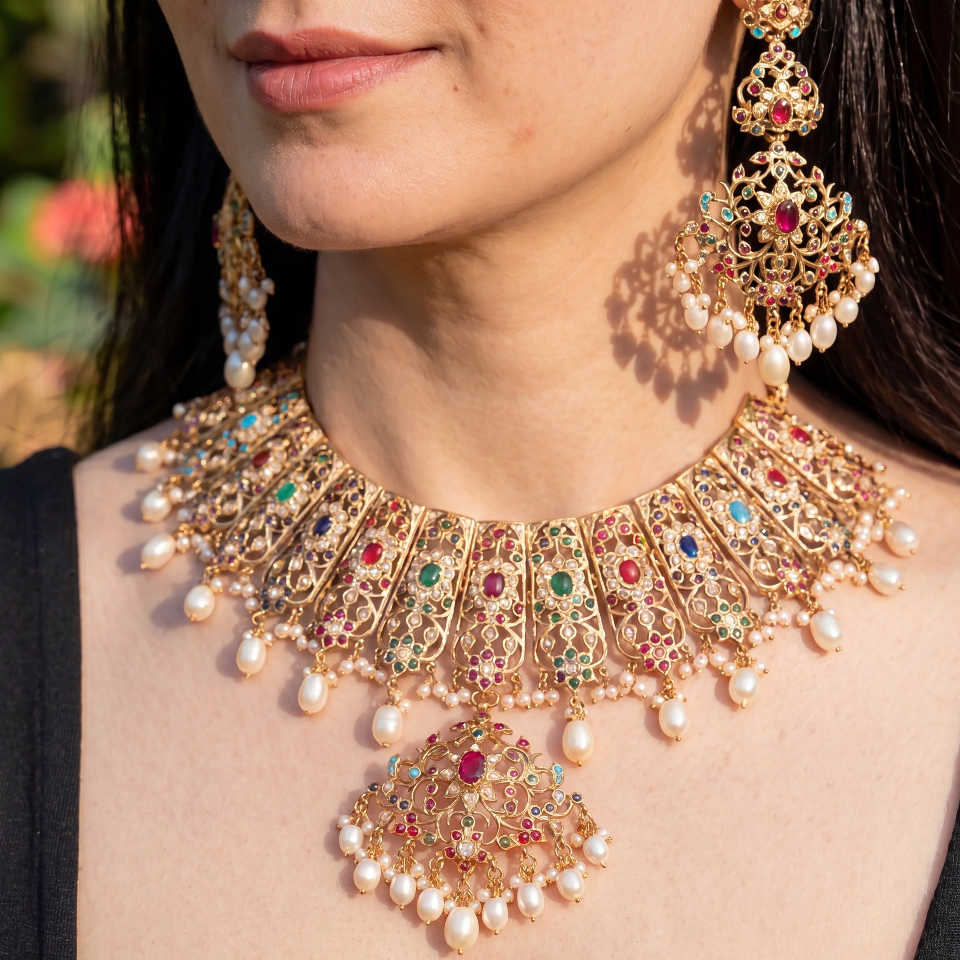 Bridal Wear Jadau Necklace Set | Navratna Jewelry Gold Plated on 925 Silver NS 450