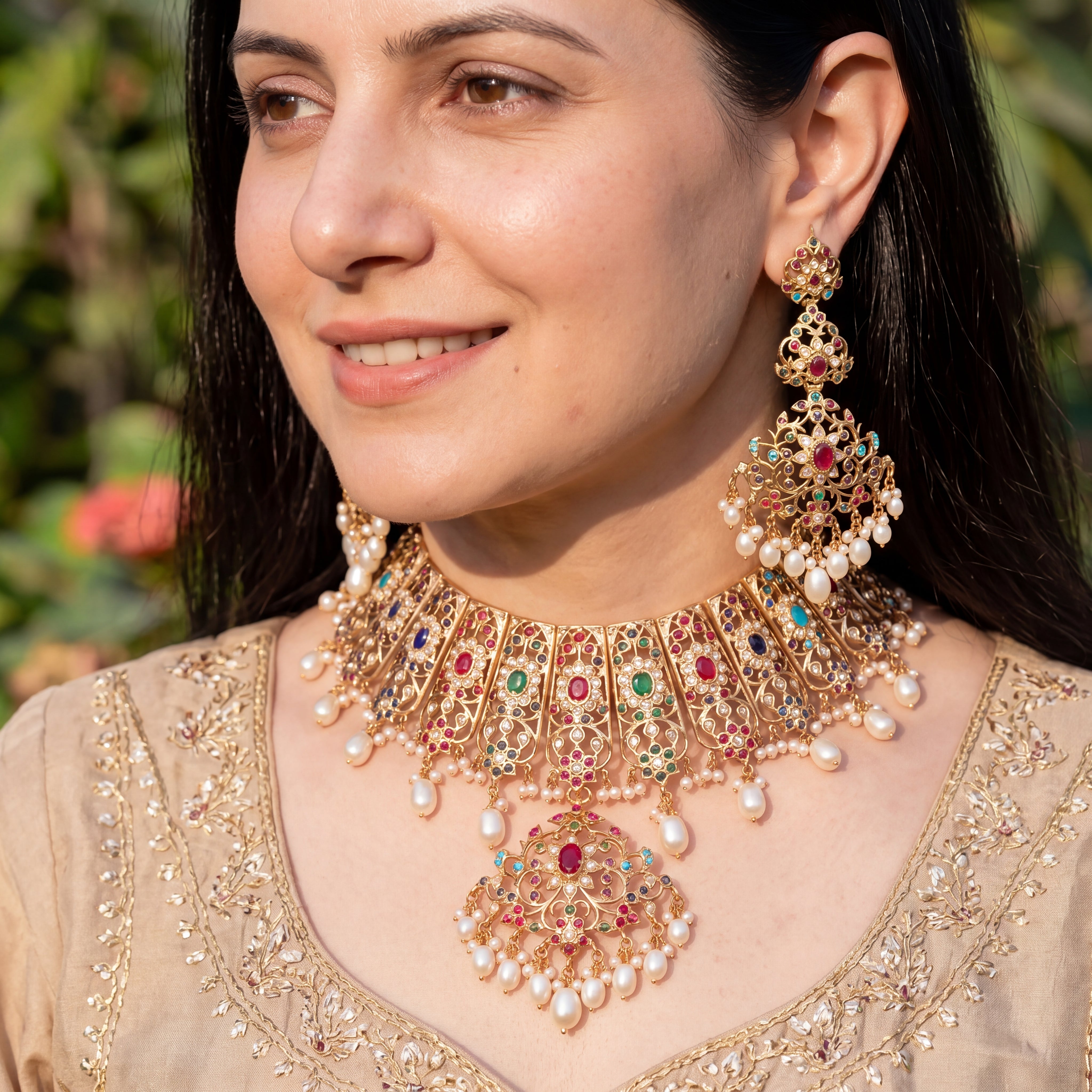 Bridal Wear Jadau Necklace Set | Navratna Jewelry Gold Plated on 925 Silver NS 450