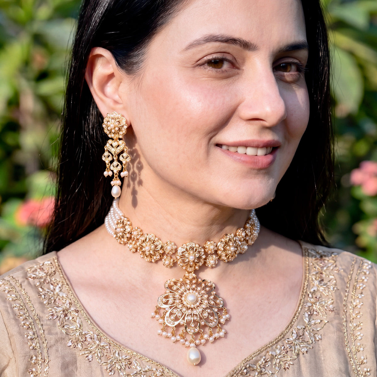 Exquisitely Crafted Pearl Choker Set | Gold Plated on 925 Silver NS 454