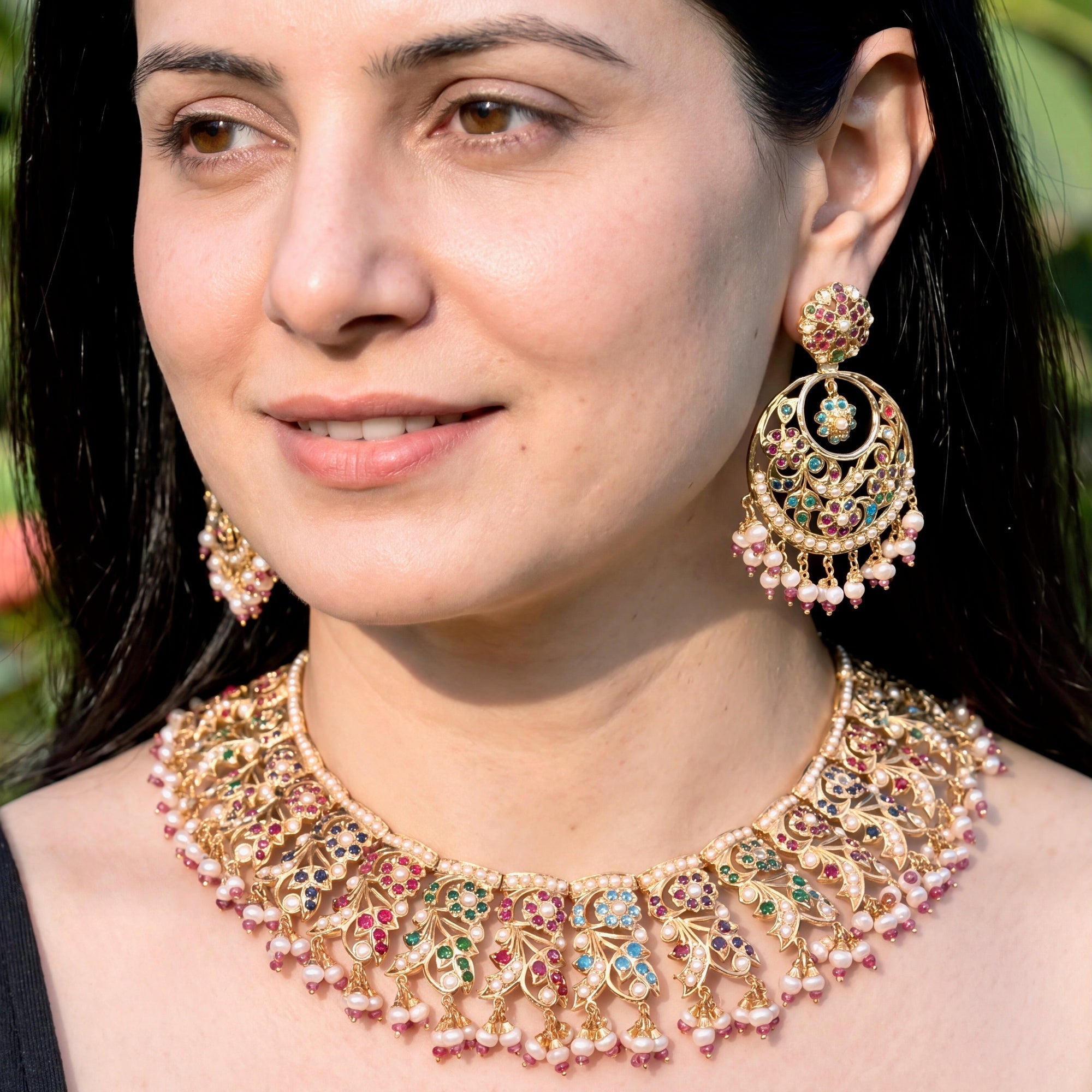 Broad Floral Navratna Guluband Paired with Chandbalis | Gold Plated on Silver NS 452
