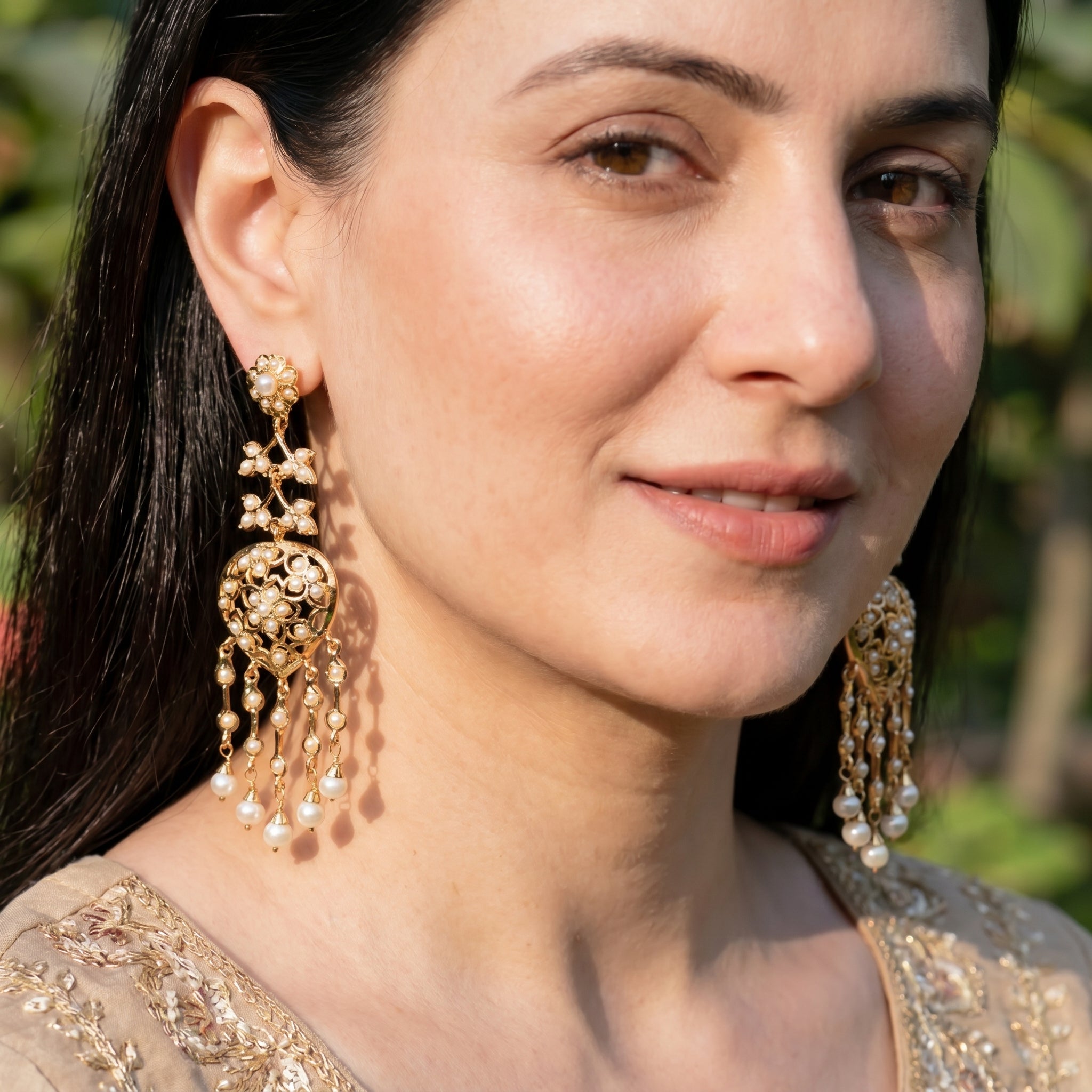 Ethnic Styled Pearl Long Earrings | Gold Plated on Sterling Silver ER 698
