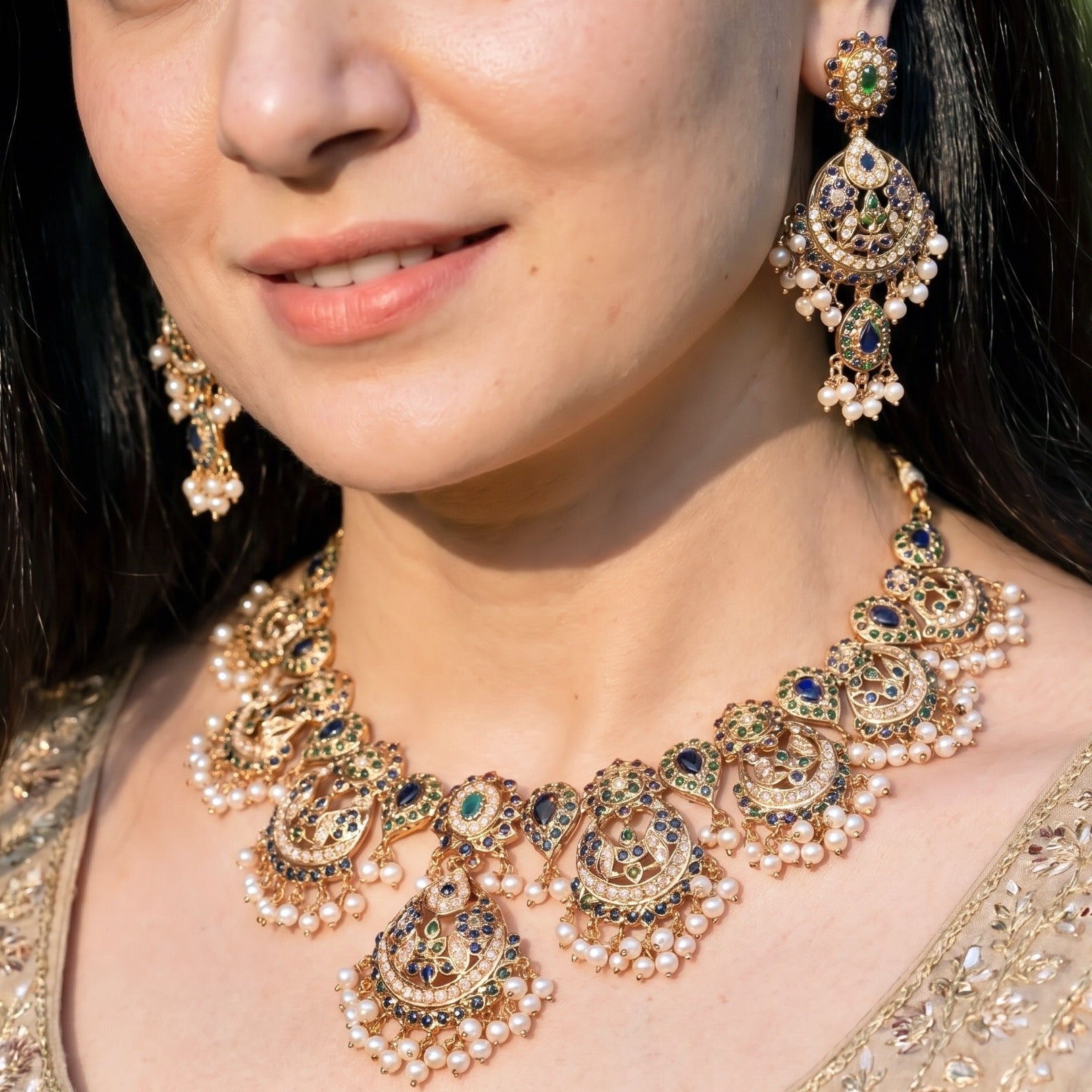 Bridal Wear Jadau Set in Royal Color Combination | Gold Plated on Silver NS 455