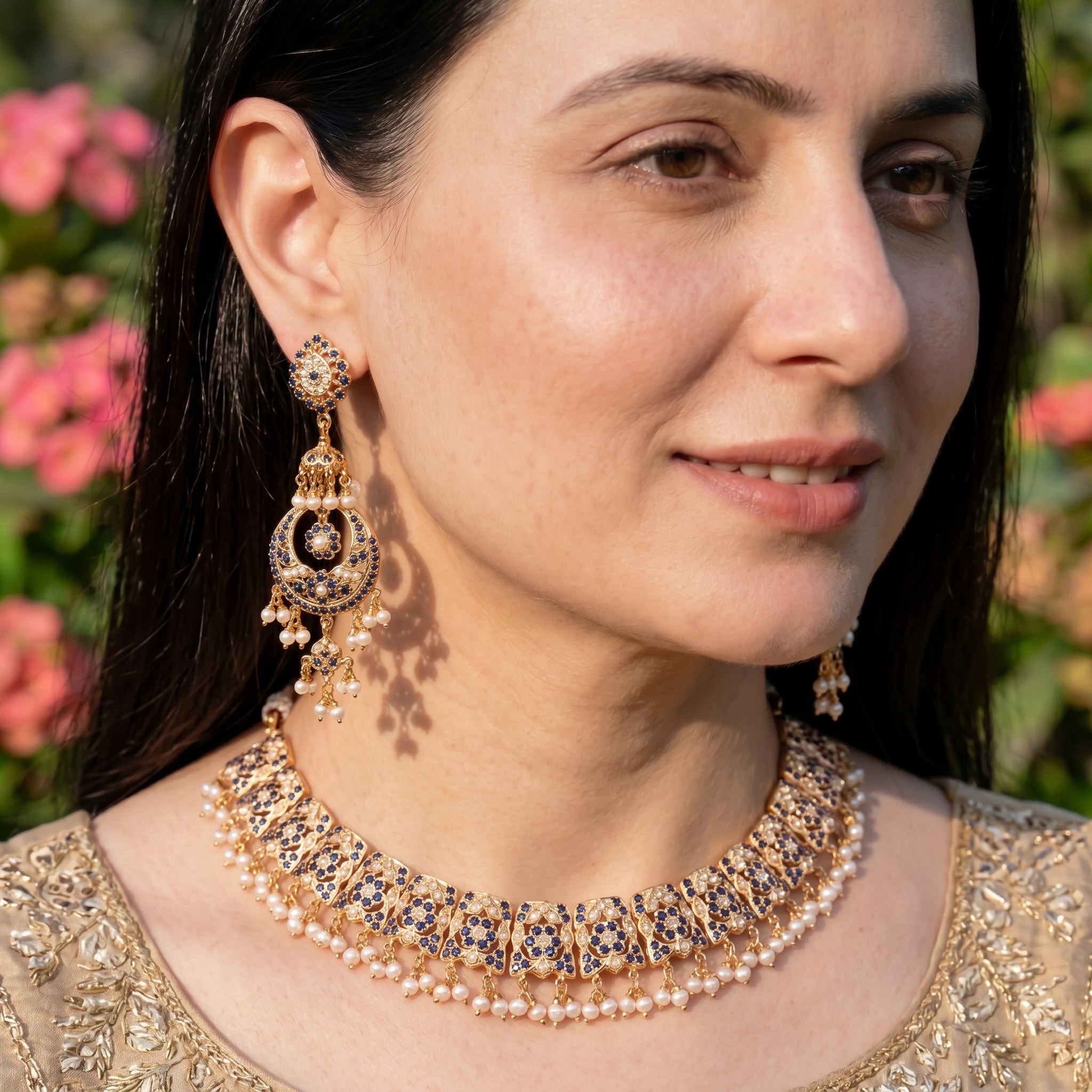 Classic Jadau Necklace Set in Gold-Plated silver | Deep Blue Stones and Fine Pearl Detailing NS 459