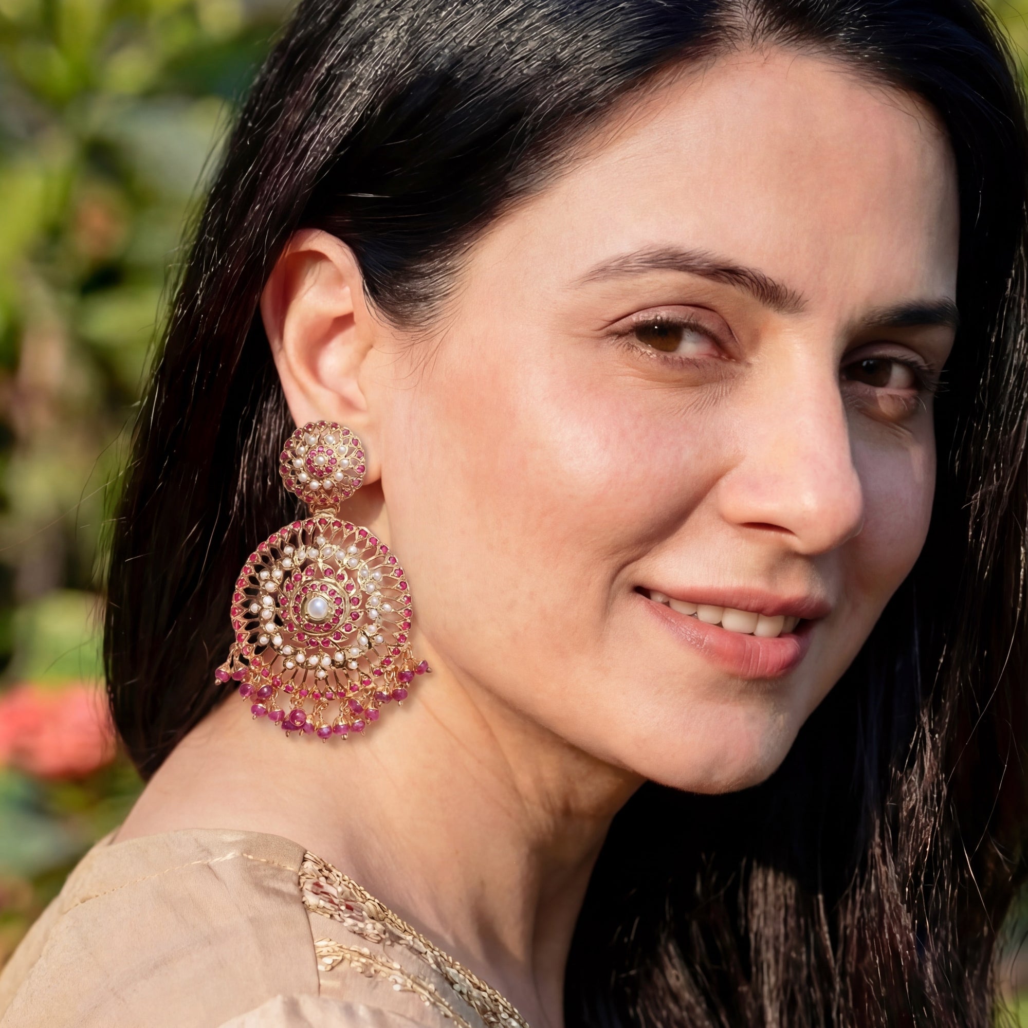 Finely Crafted Jadau Earrings | Gold Plated on Silver | Round Danglers ER 568