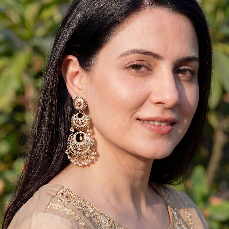 Navratna Double Chandbali Earrings | Gold Plated on Sterling Silver ER 566