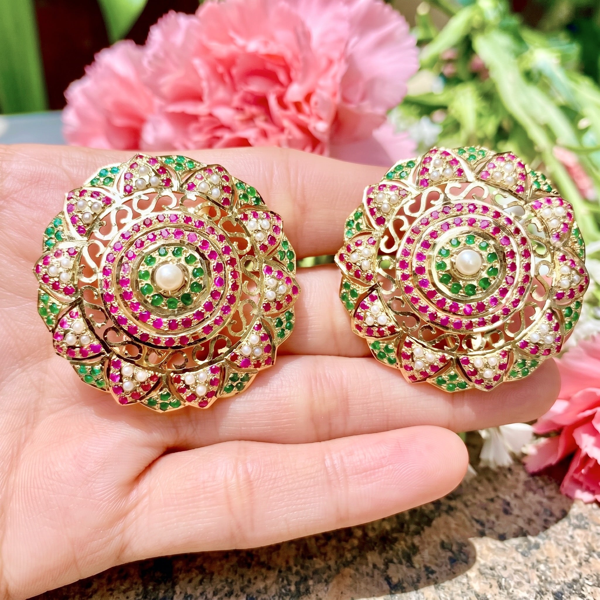 Statement Round Jadau Stud Earrings | Gold Plated Silver ER 061