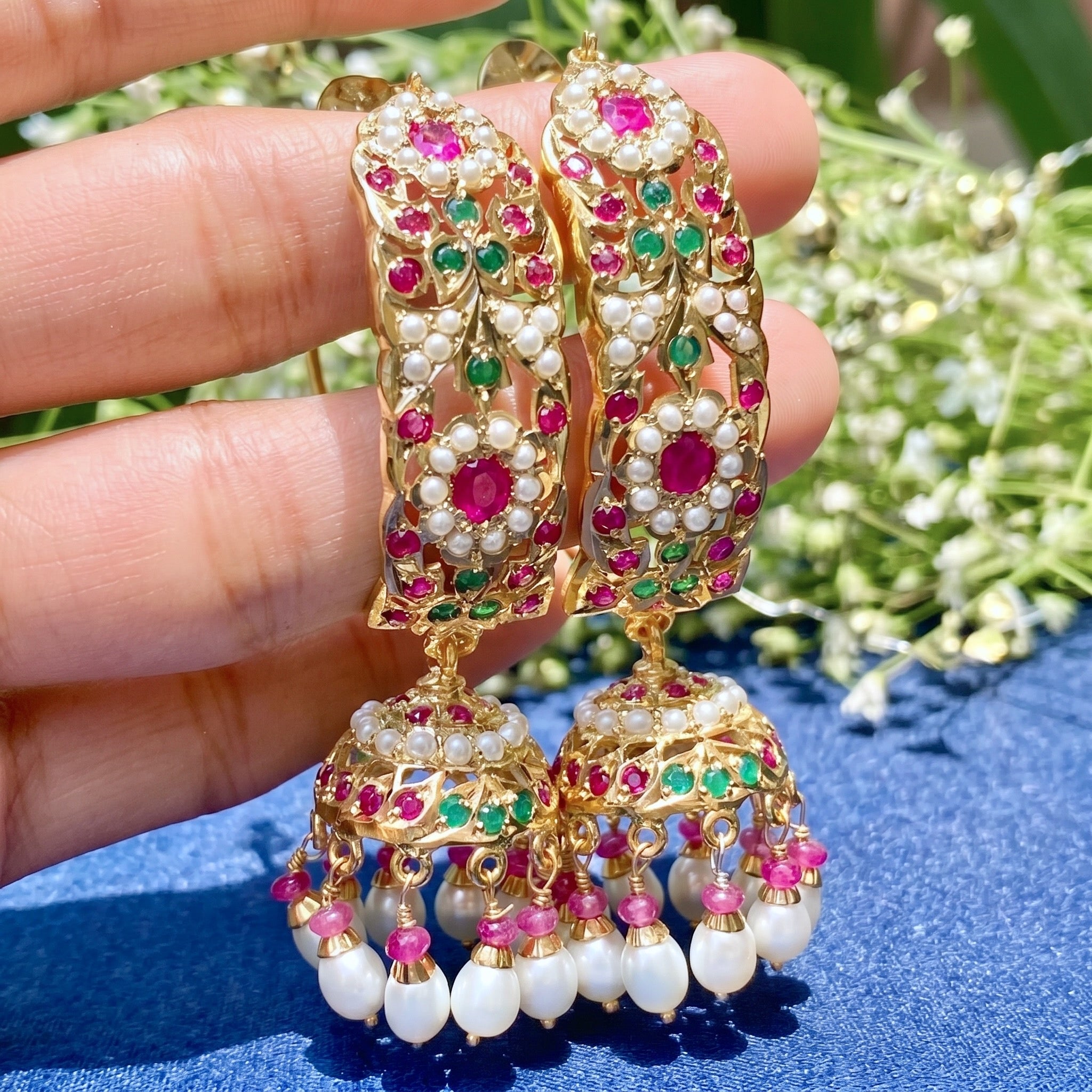 Gold Plated Dandi Jhumkis | Studded With Freshwater Pearls and Stones | Hoop Earrings ER 047