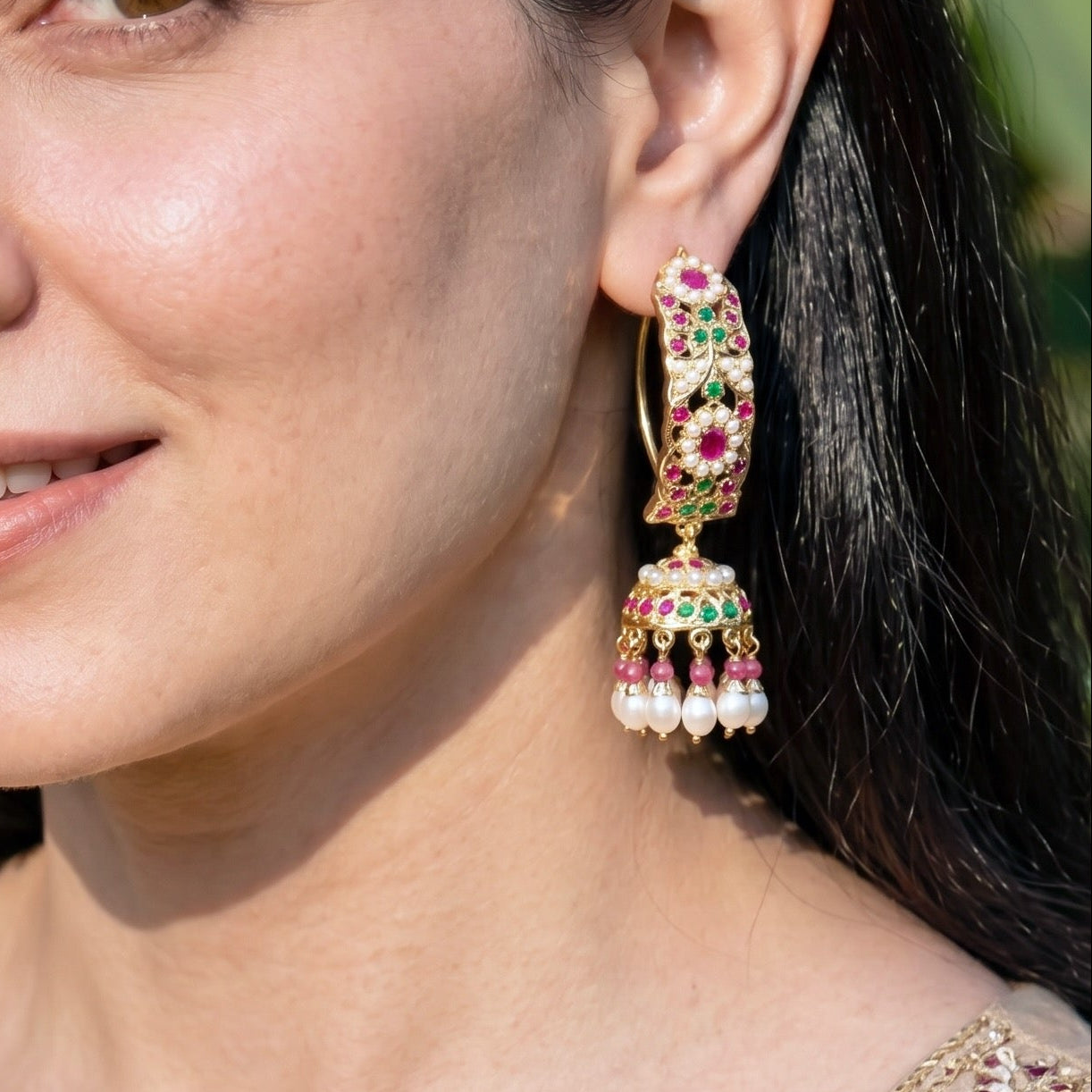Gold Plated Dandi Jhumkis | Studded With Freshwater Pearls and Stones | Hoop Earrings ER 047