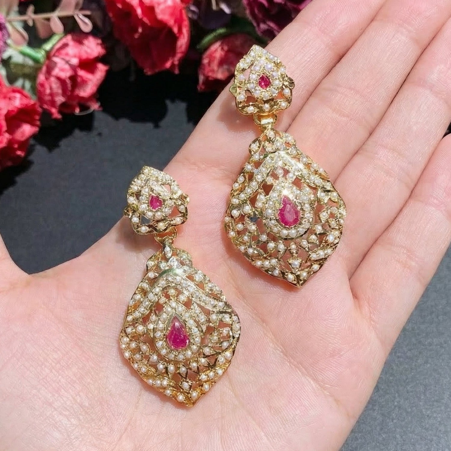 Intricately Handcrafted Jadau Earrings | Fine Seed Pearl Studded on 925 Silver with Gold Plating ER 655
