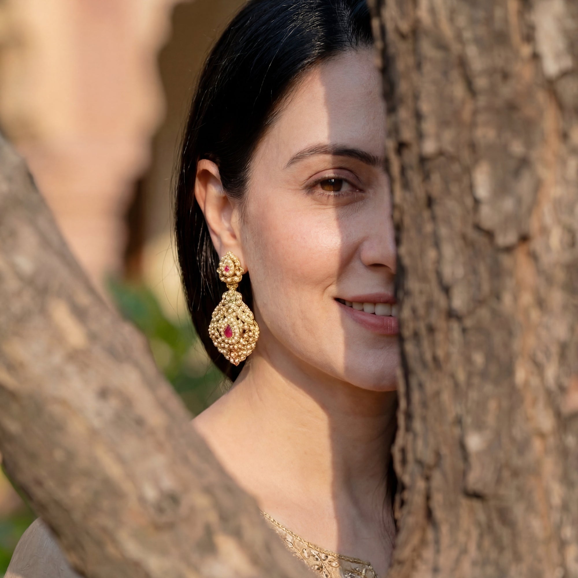 Intricately Handcrafted Jadau Earrings | Fine Seed Pearl Studded on 925 Silver with Gold Plating ER 655