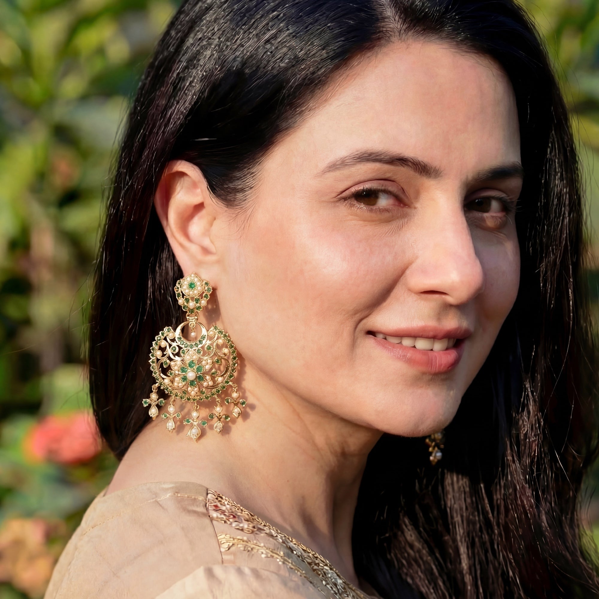 Antique Style Chandbali Earrings | Emerald Green Stones & Pearls | Real Gold Looks ER 664