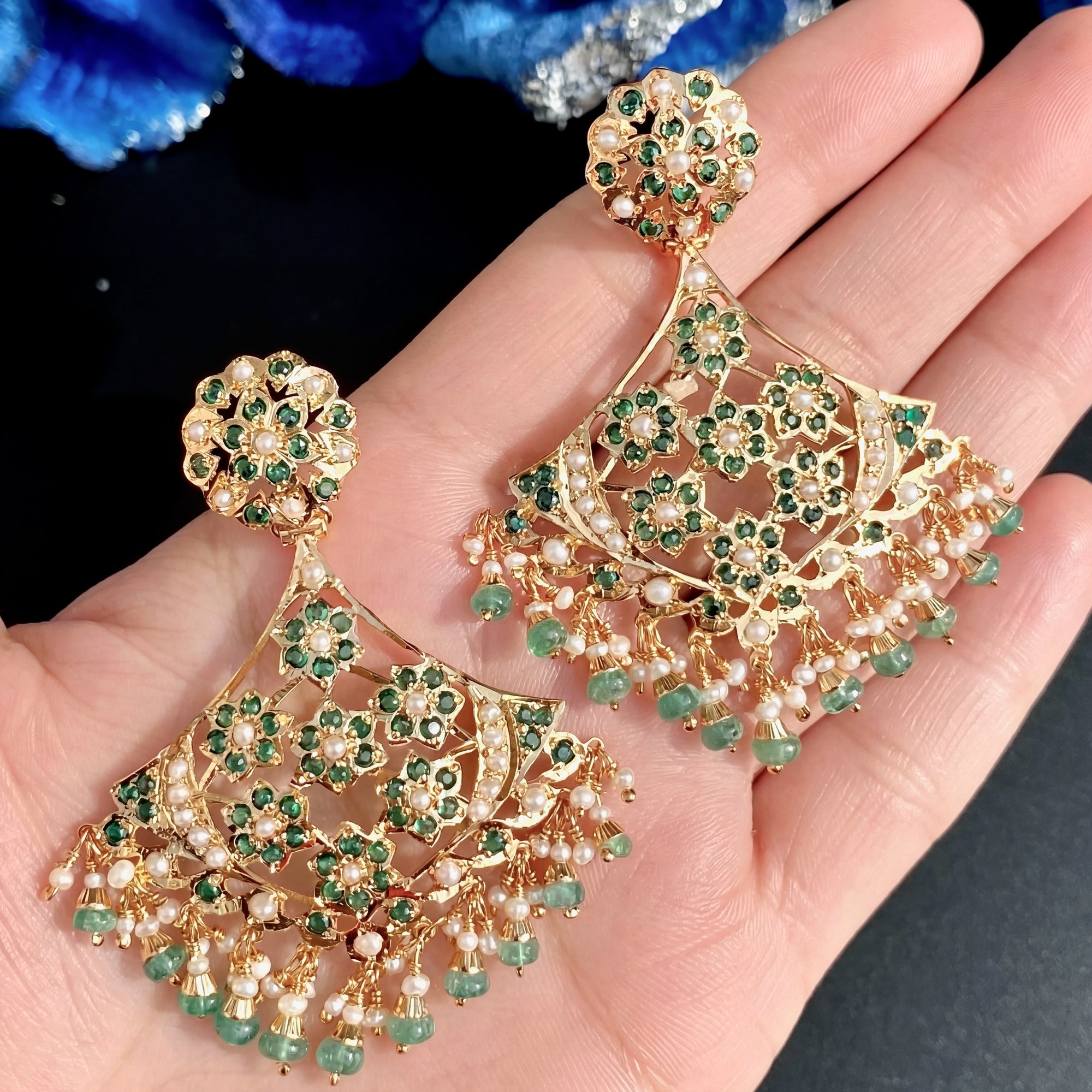 Anchor Shaped Jadau Earrings | Gold Plated on Silver | Emerald Earrings ER 658