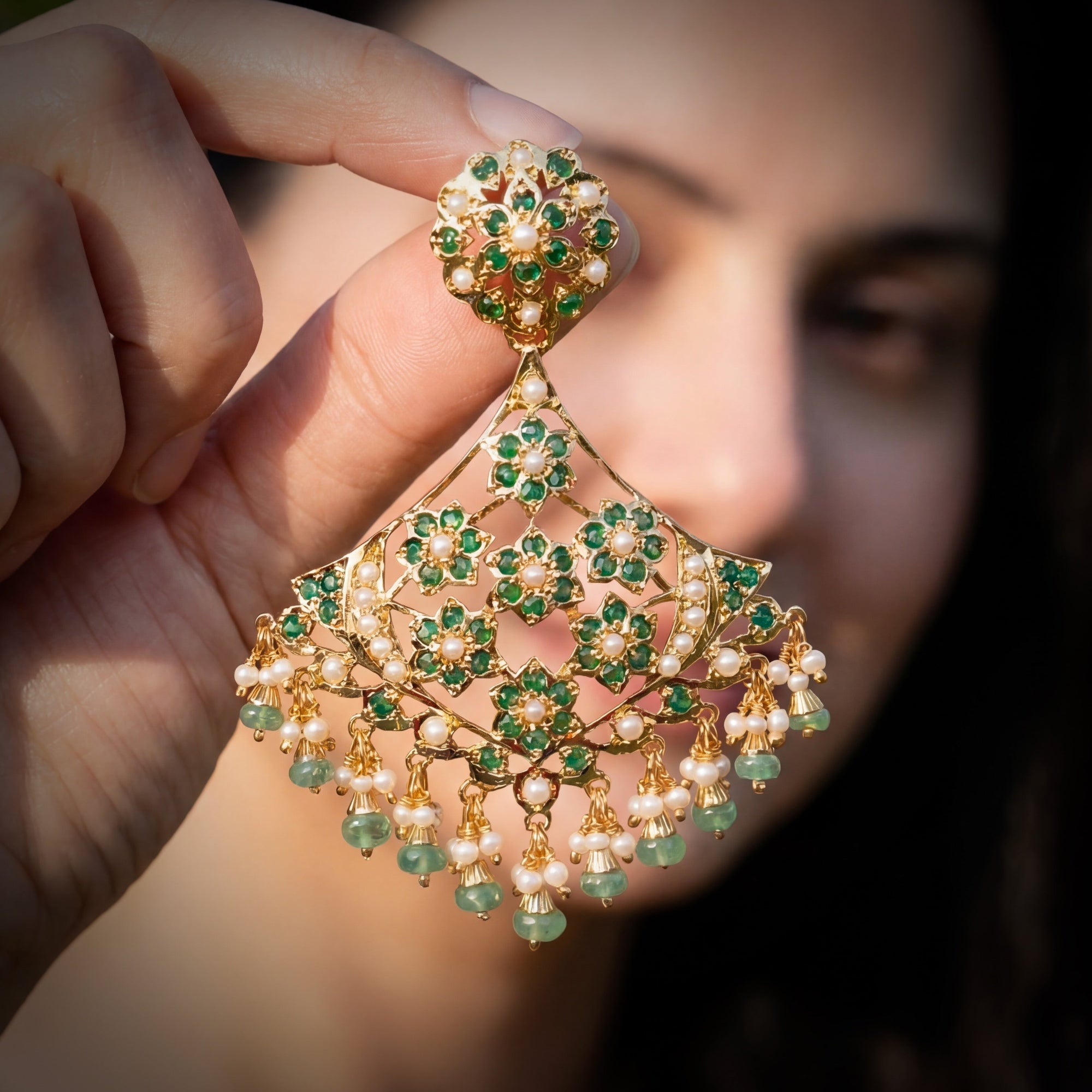 Anchor Shaped Jadau Earrings | Gold Plated on Silver | Emerald Earrings ER 658